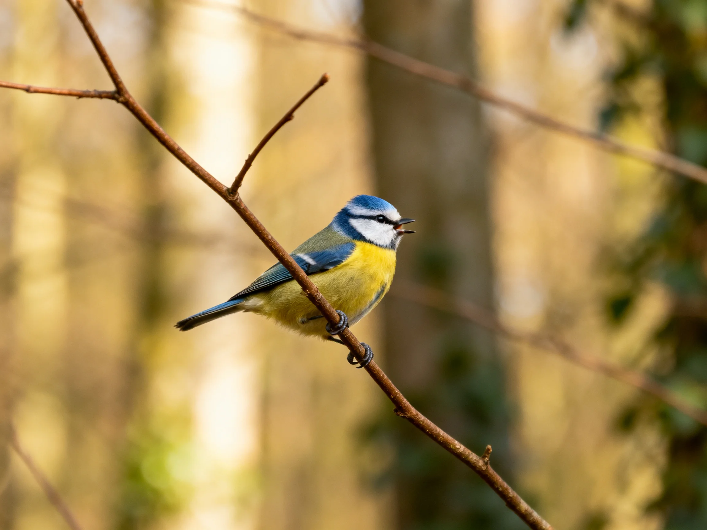 A vibrantly colored blue-headed bird perched on a thin branch