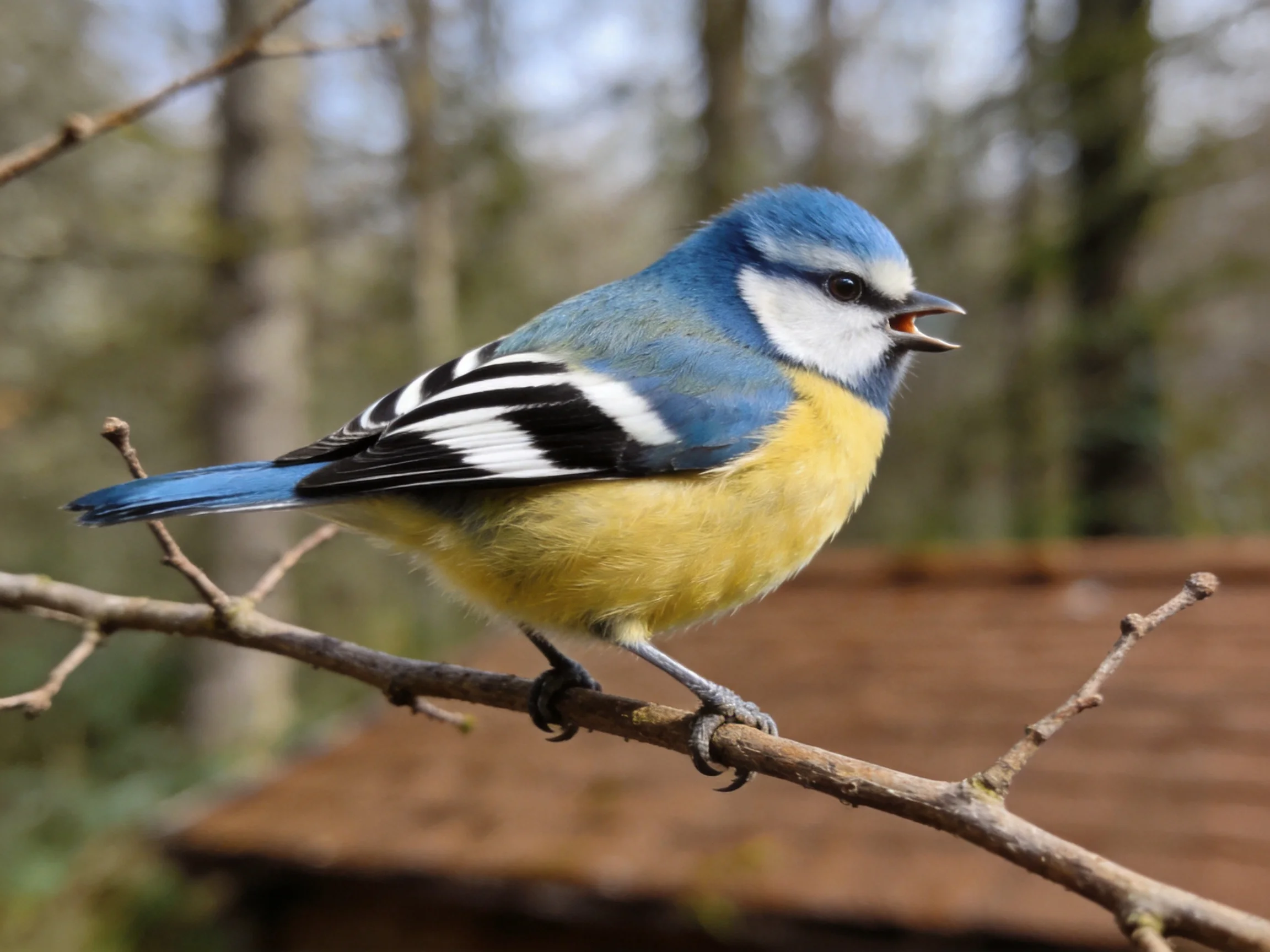 A vibrantly colored blue-headed bird perched on a thin branch