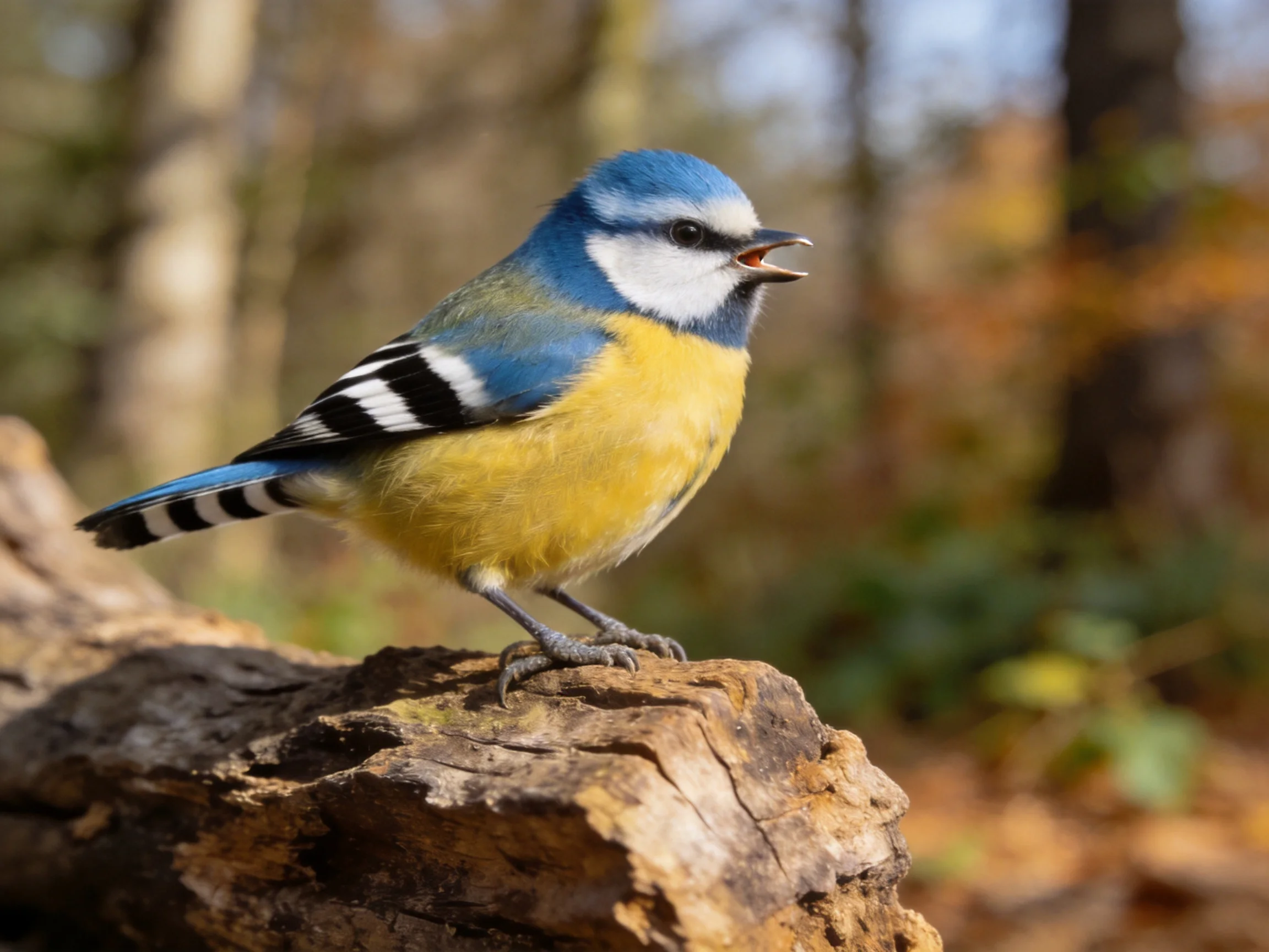 A vibrantly colored blue-headed bird perched on a weathered log