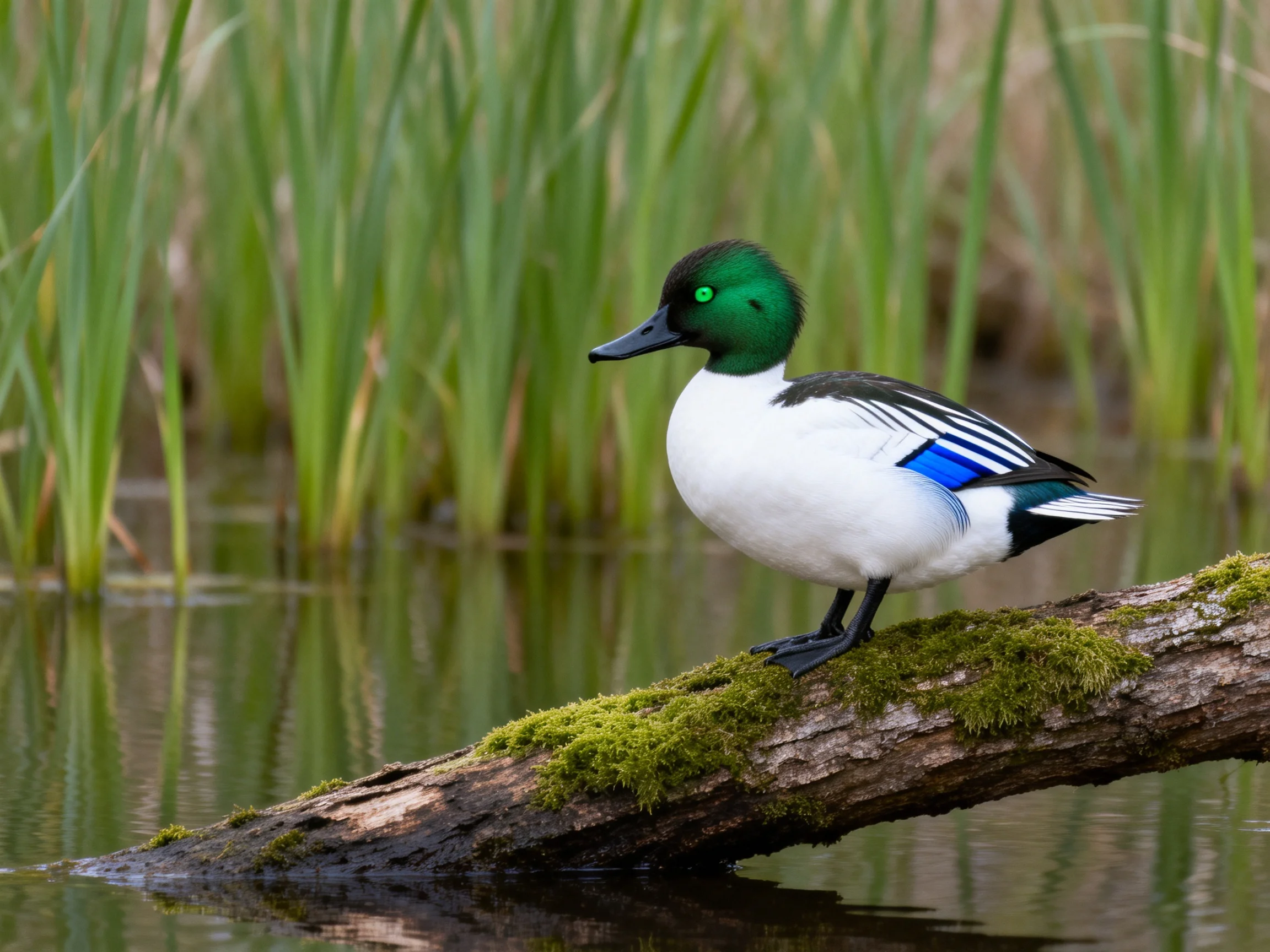 A vibrantly colored duck perched on a moss-covered log by calm waters