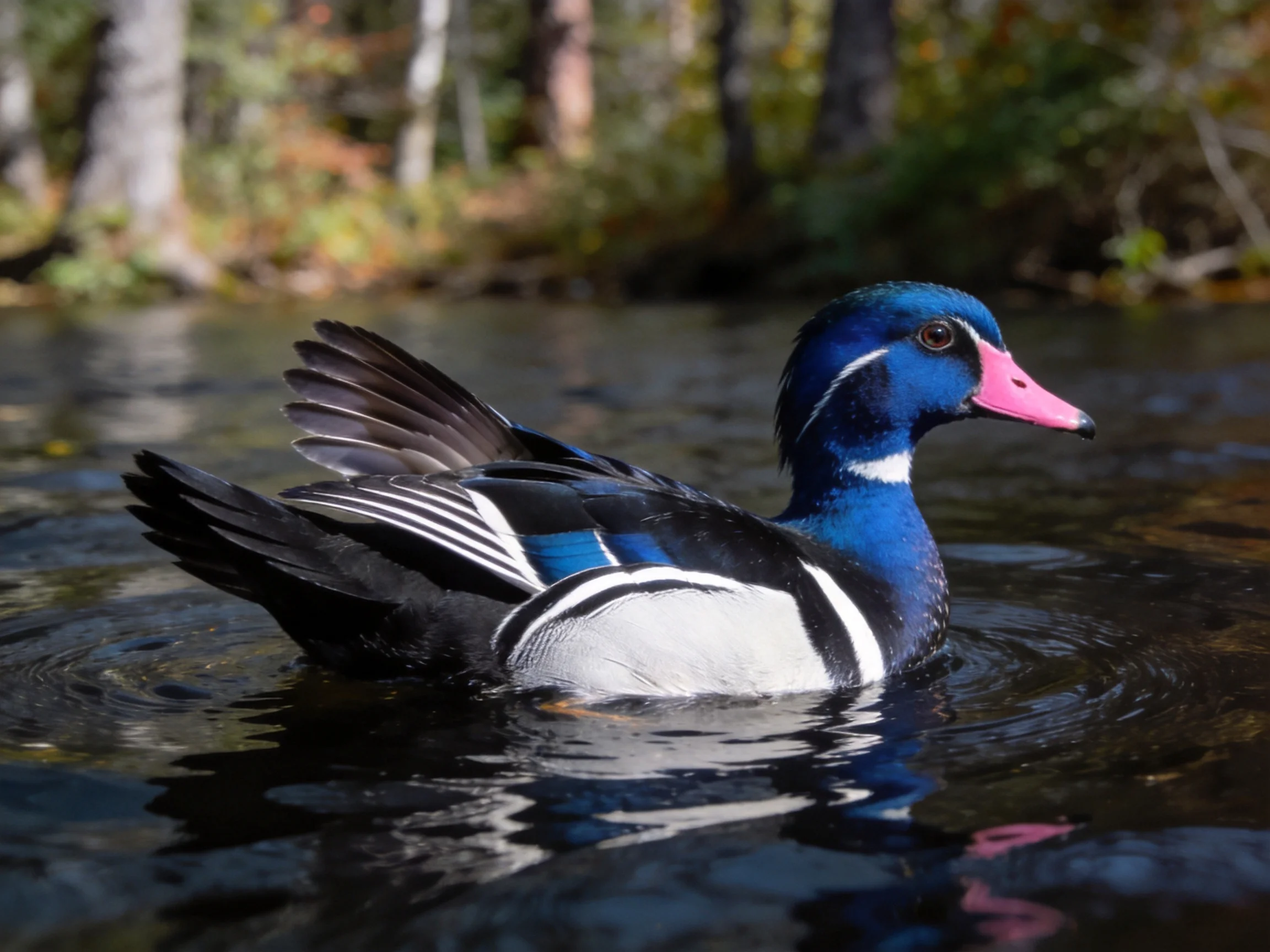A vibrantly colored duck swimming in calm waters near forested shoreline
