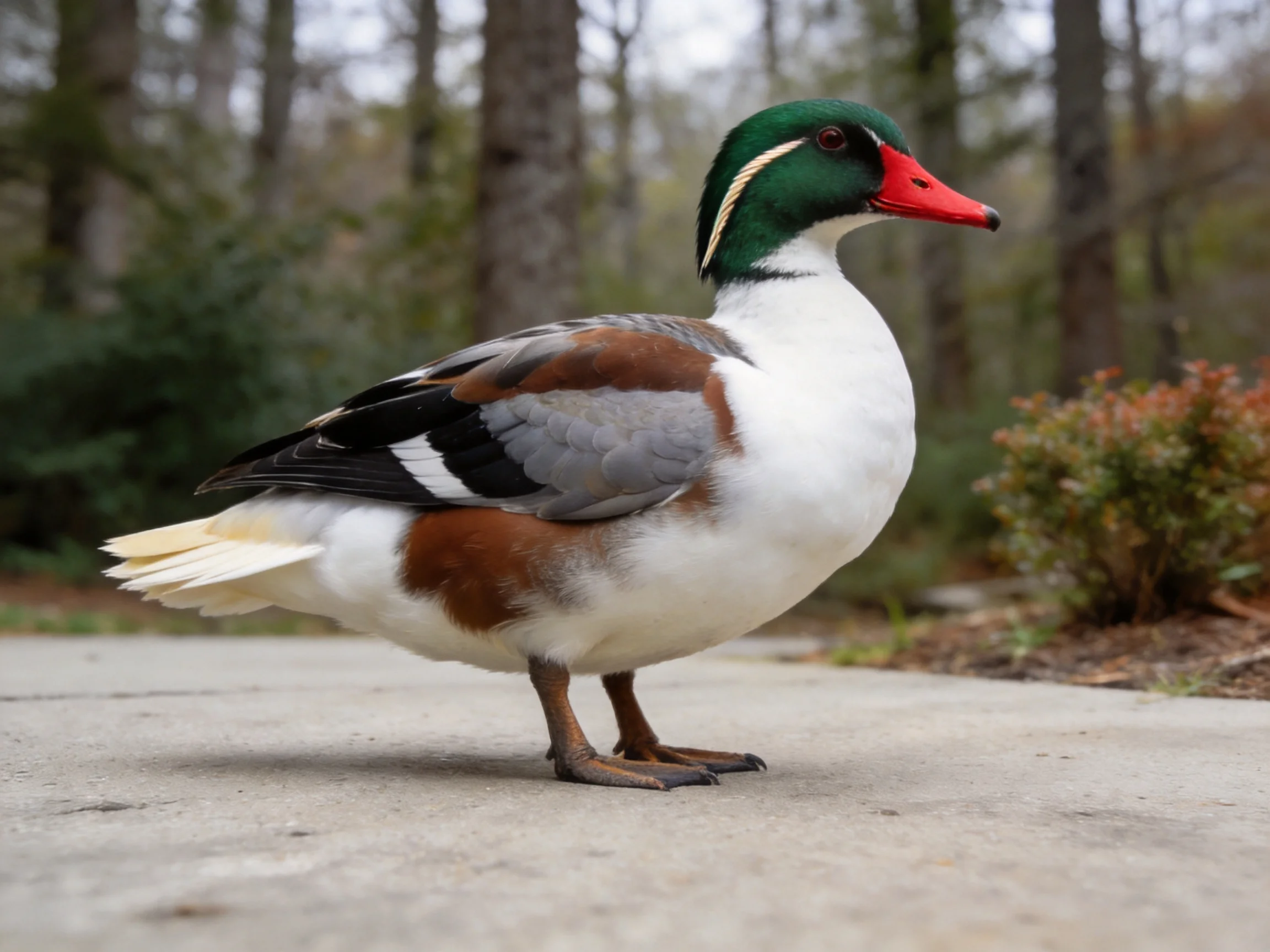 A vibrantly colored duck with green head, red beak, and brown/white plumage