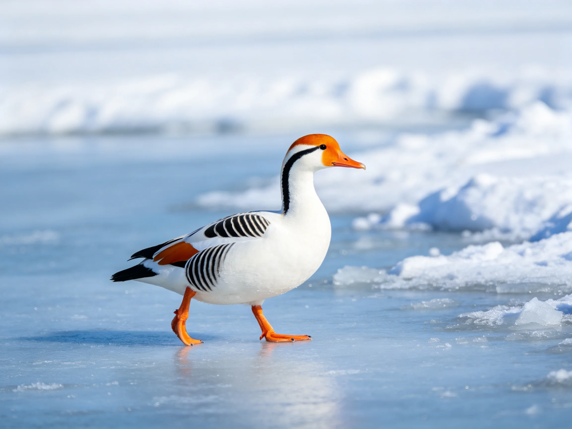 A vibrantly colored duck with orange head and feet on ice
