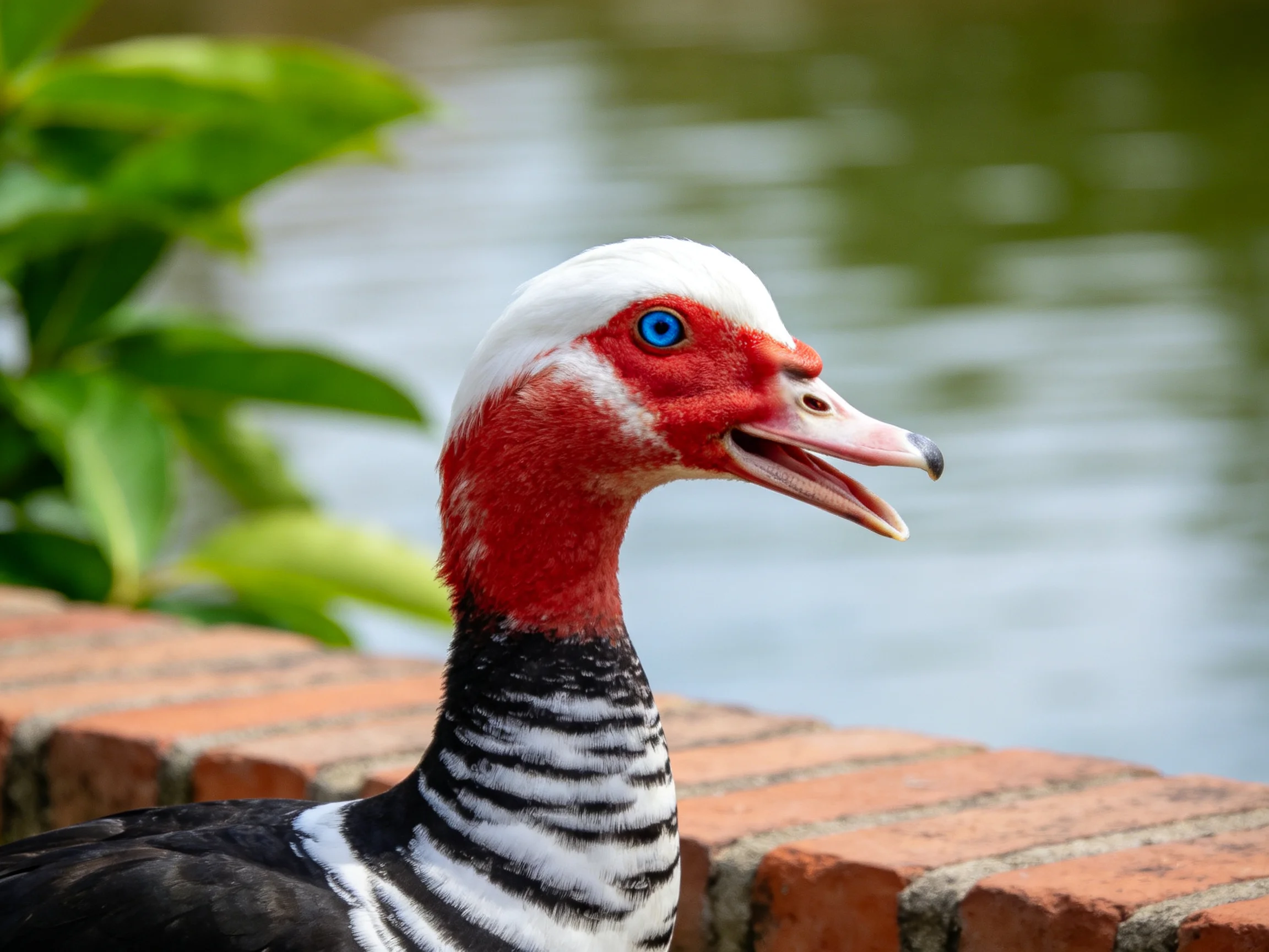 A vibrantly colored duck with white head, red face near water
