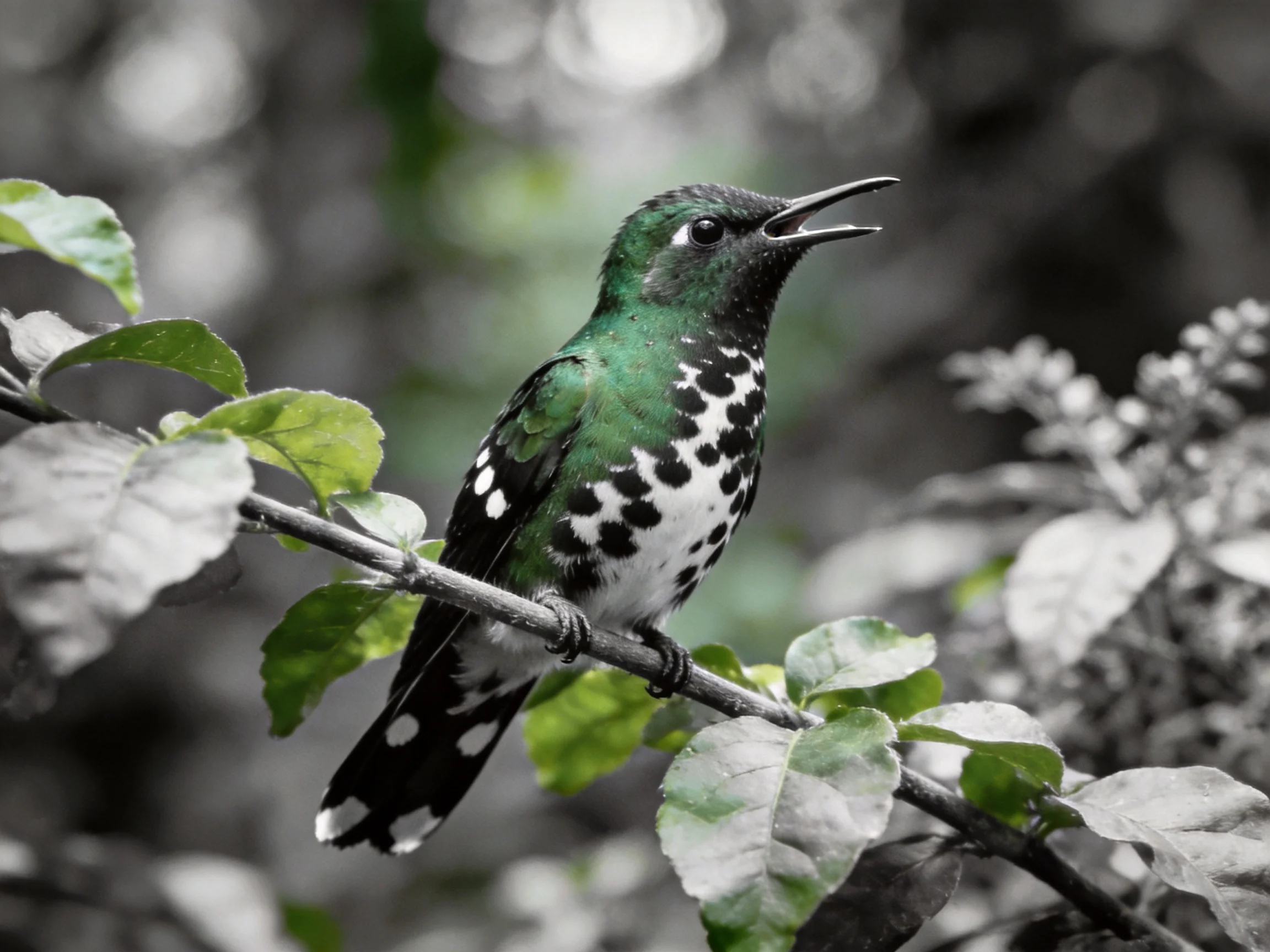 A vibrantly colored green and black spotted bird perched on a leafy branch