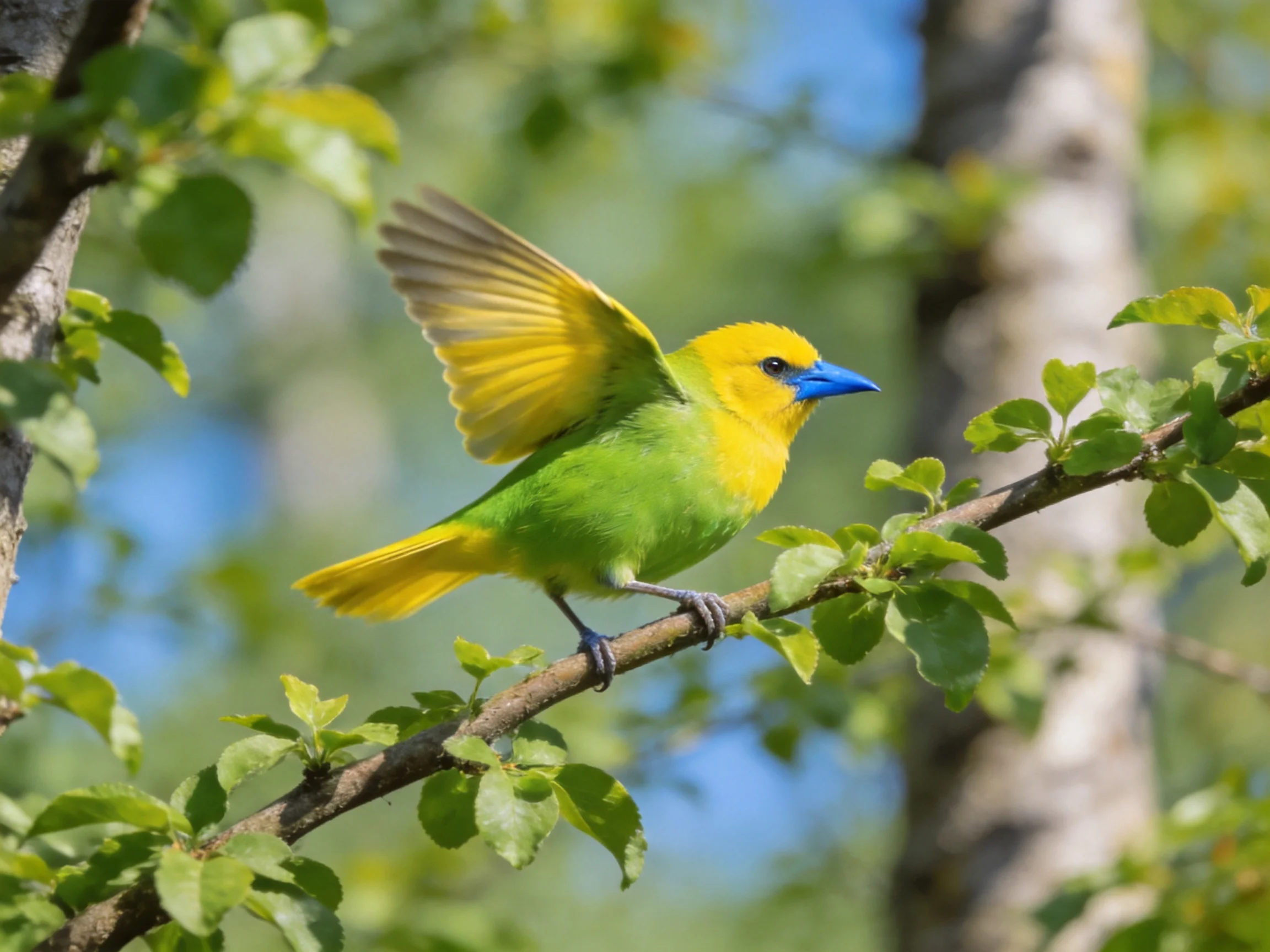A vibrantly colored green-yellow-blue bird on a leafy branch
