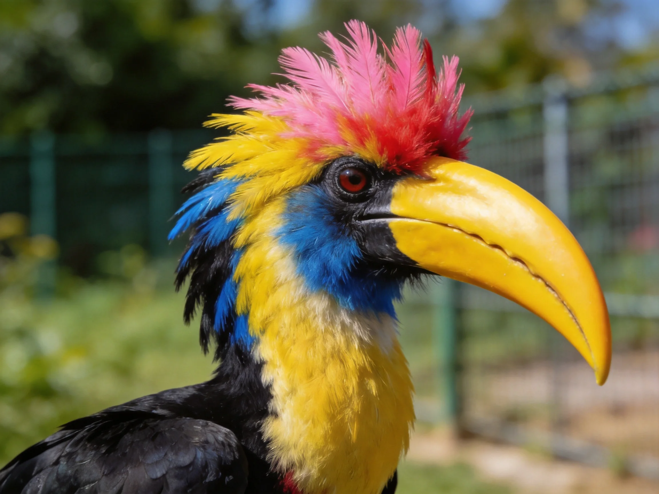 A vibrantly colored hornbill with pink red crest, yellow body, blue markings