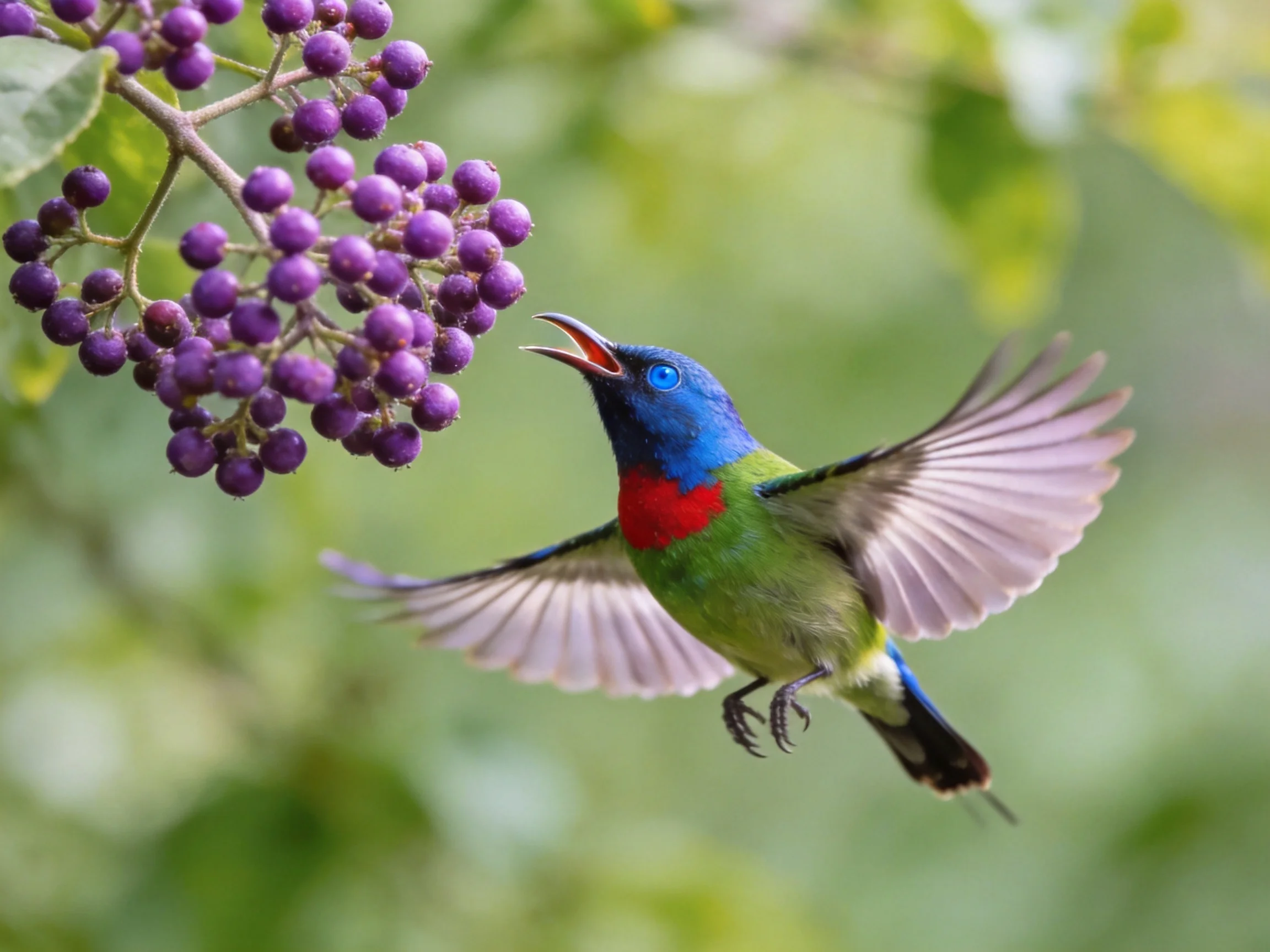 A vibrantly colored hummingbird feeding from a cluster of purple berries