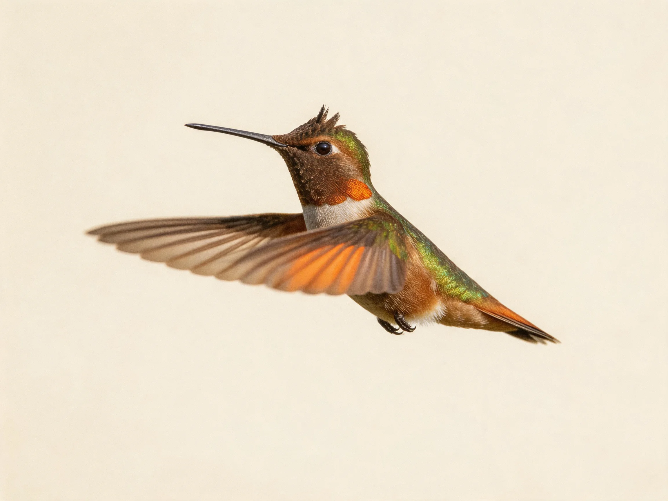 A vibrantly colored hummingbird in mid-flight