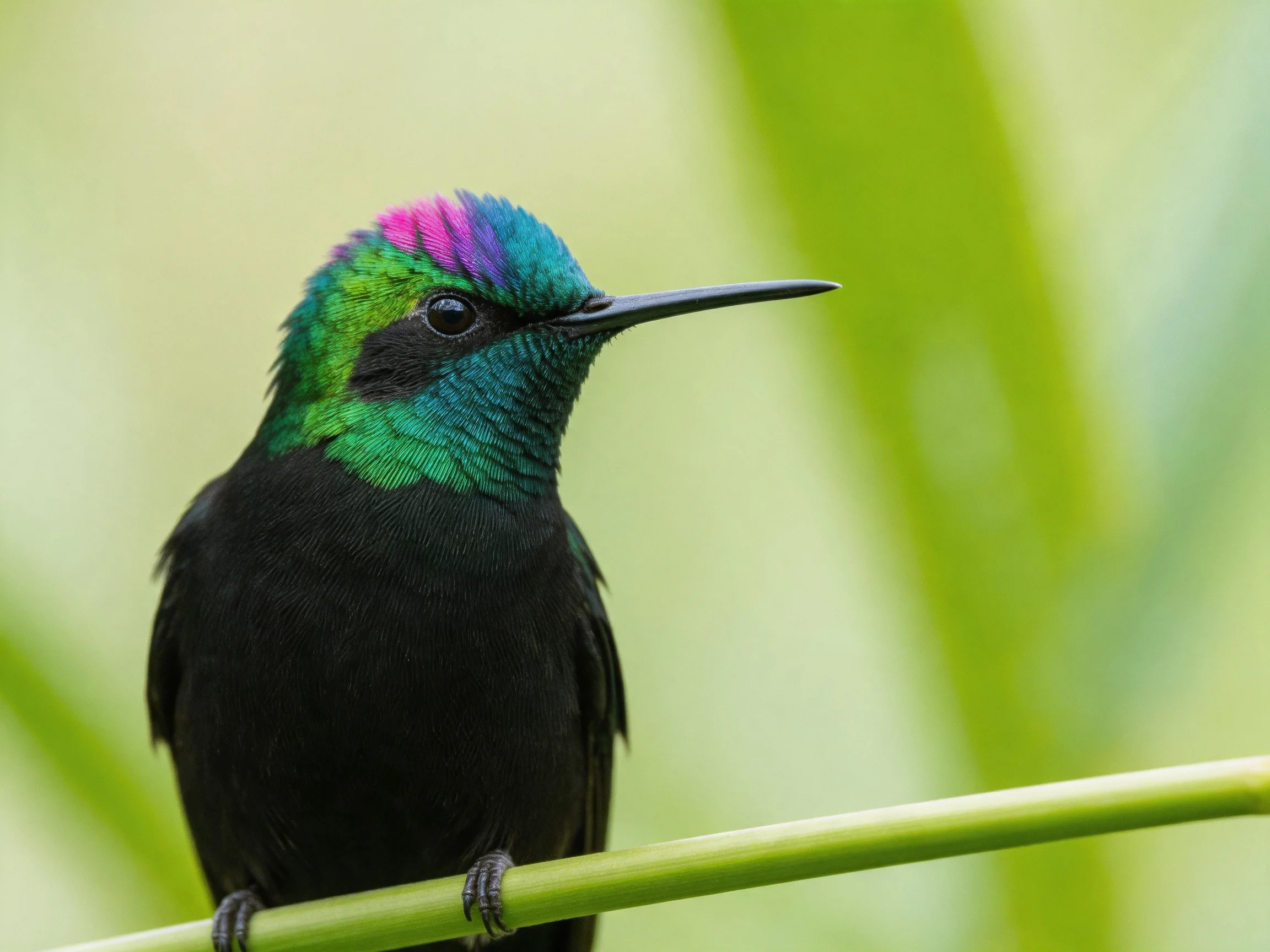 A vibrantly colored hummingbird perched on a slender branch