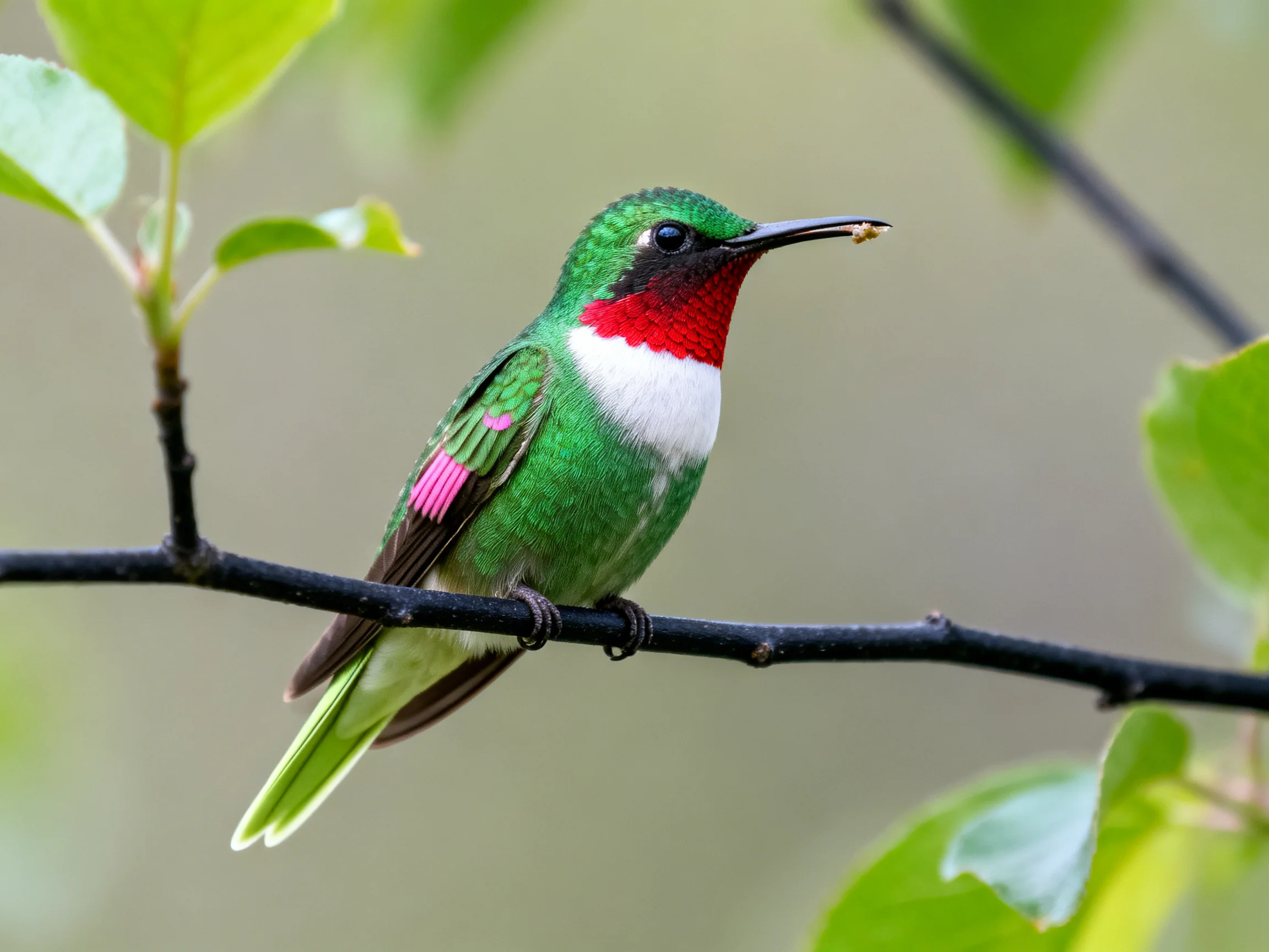 A vibrantly colored hummingbird perches on a dark branch