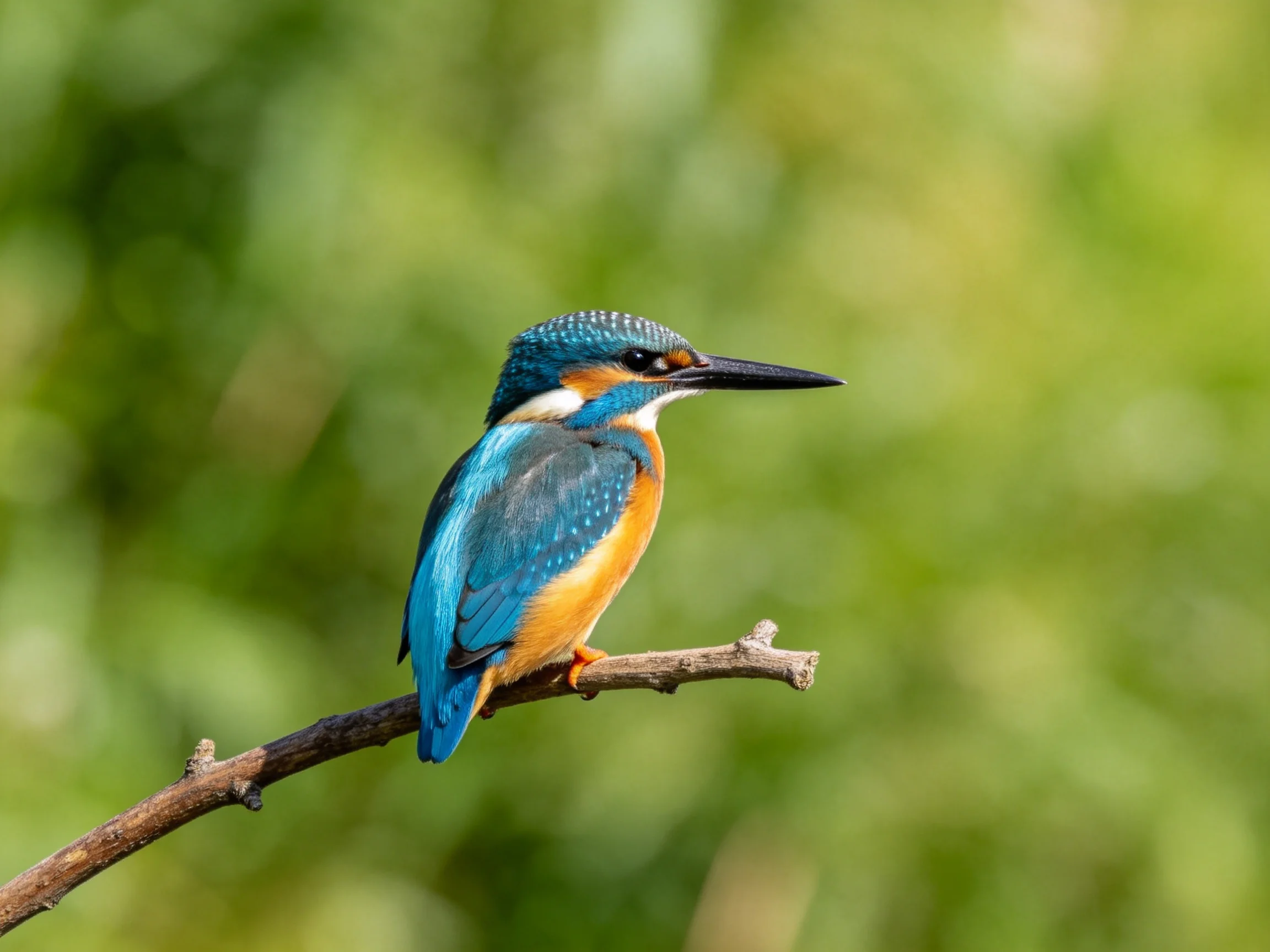 A vibrantly colored kingfisher perches on a thin branch