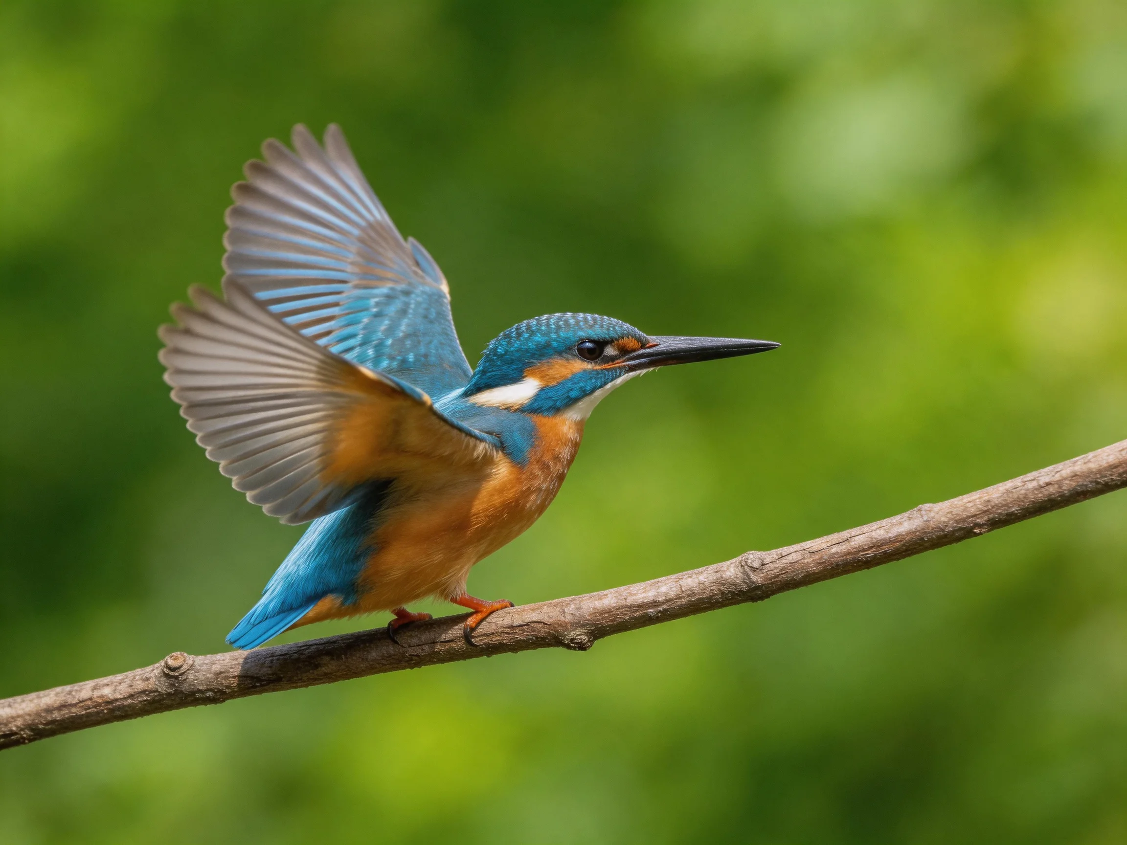 A vibrantly colored kingfisher spreads wings on a slender branch