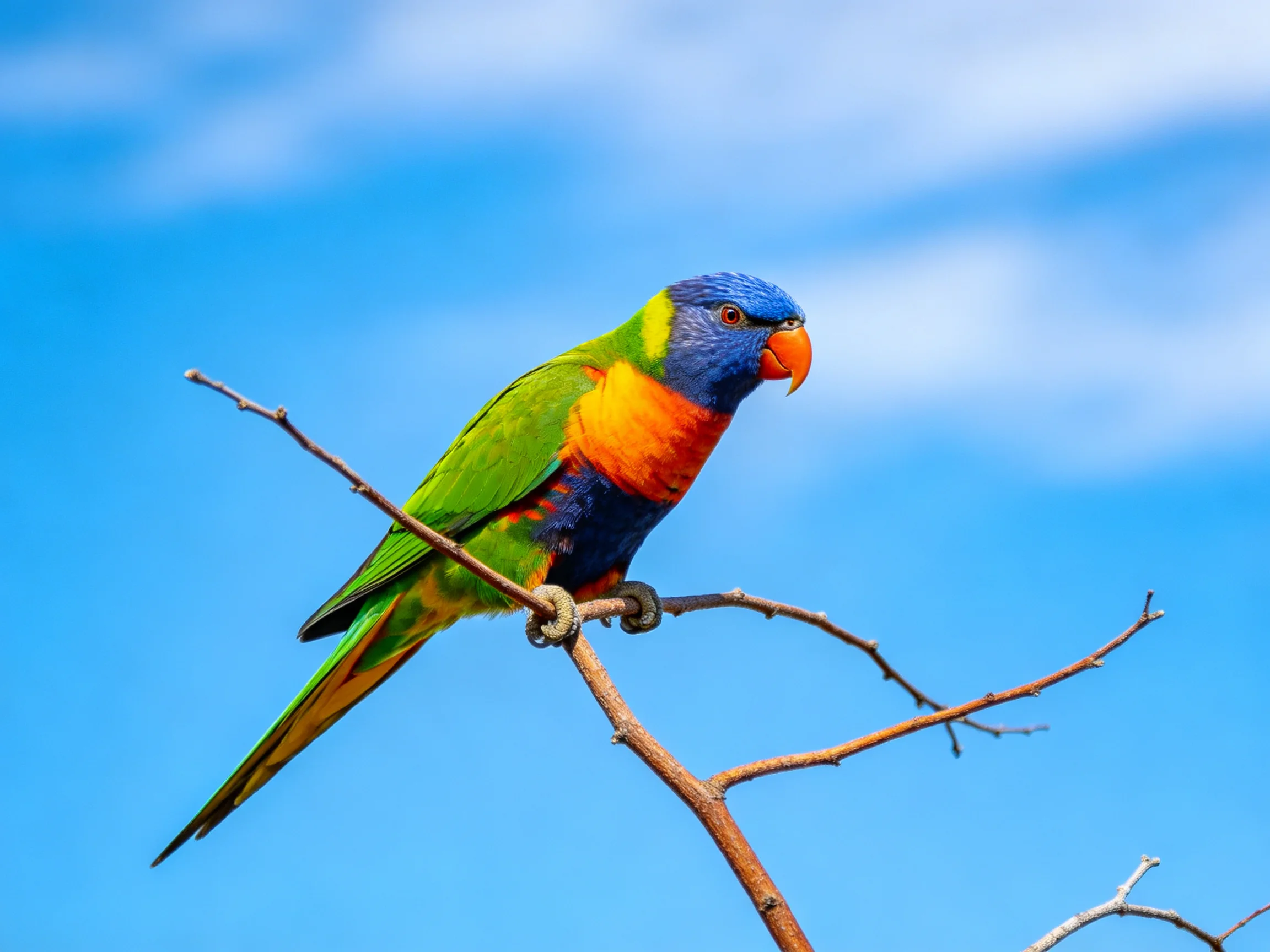 A vibrantly colored lorikeet perches on a bare branch with clear blue sky