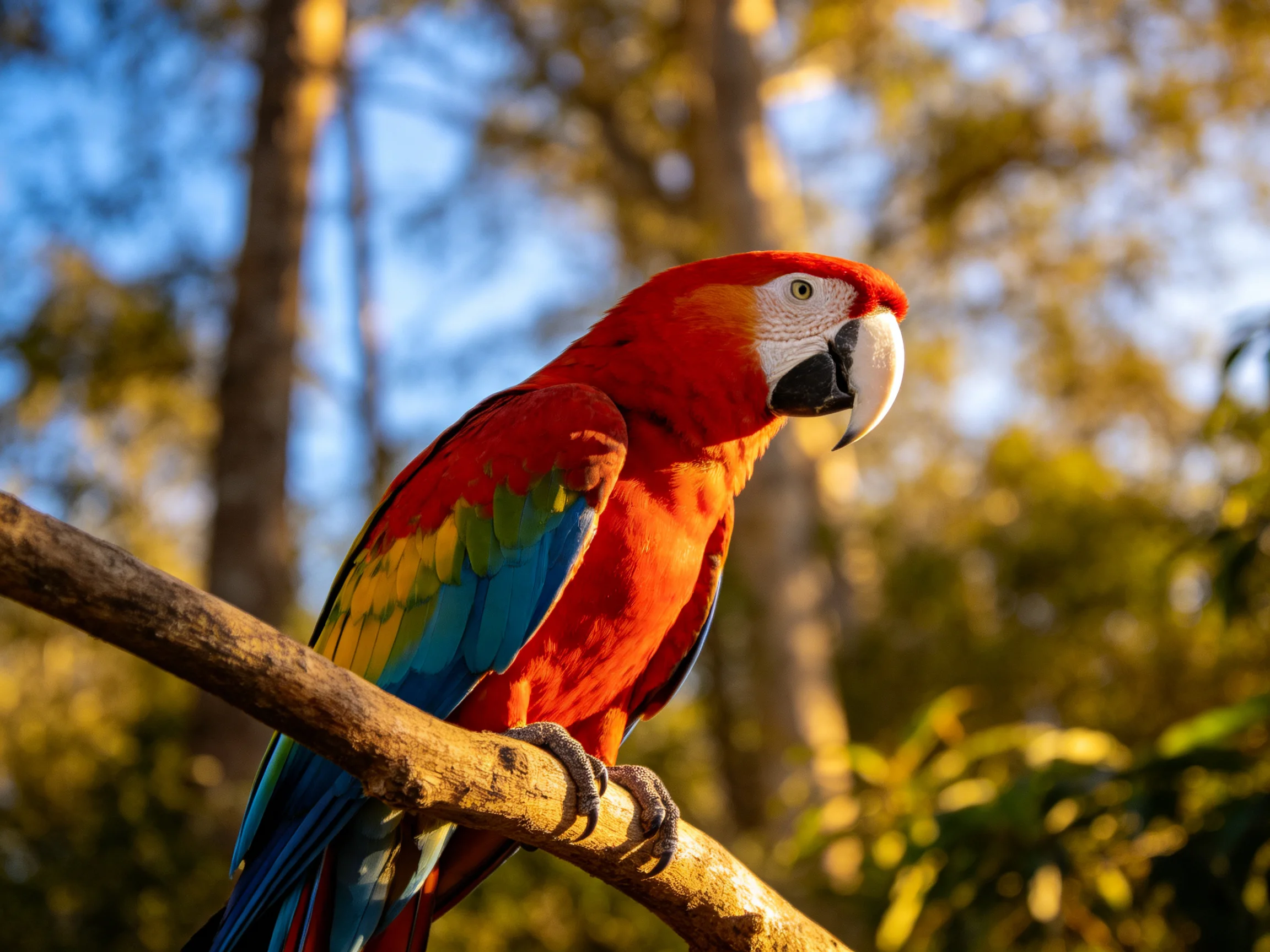 A vibrantly colored macaw perched on a tree branch