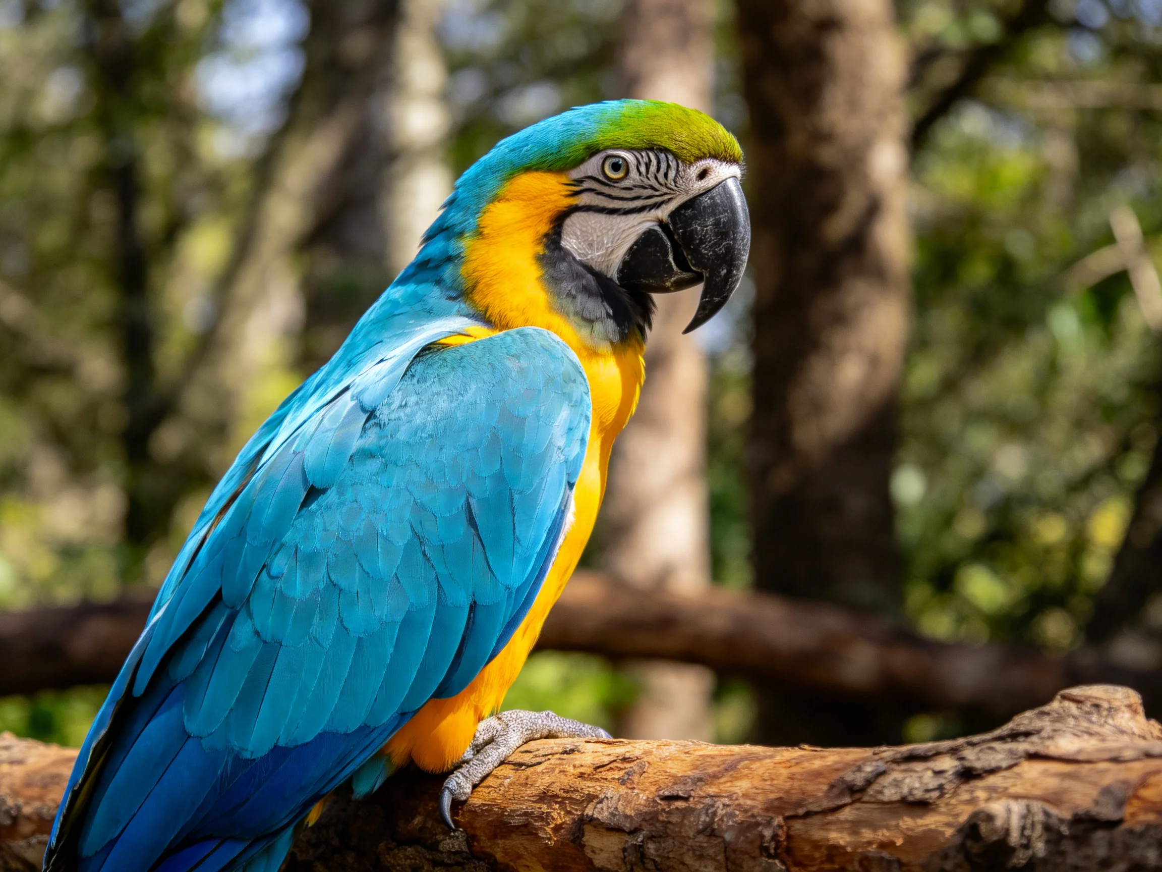 A vibrantly colored macaw perched on a weathered wooden branch