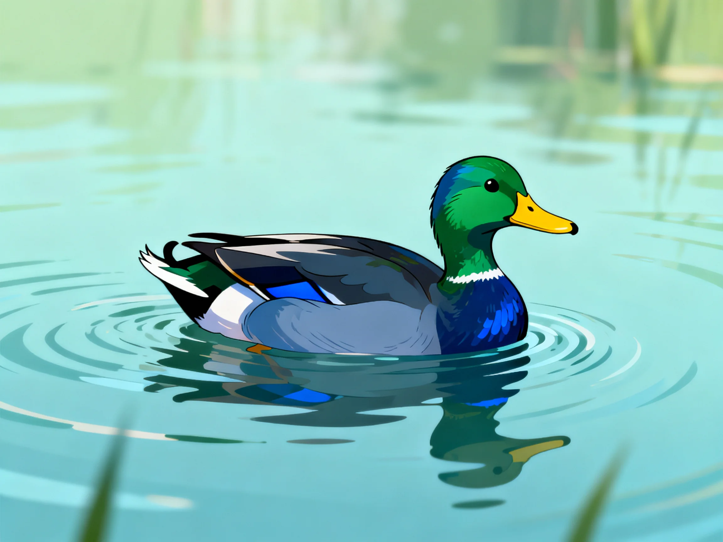 A vibrantly colored mallard duck swims in calm water