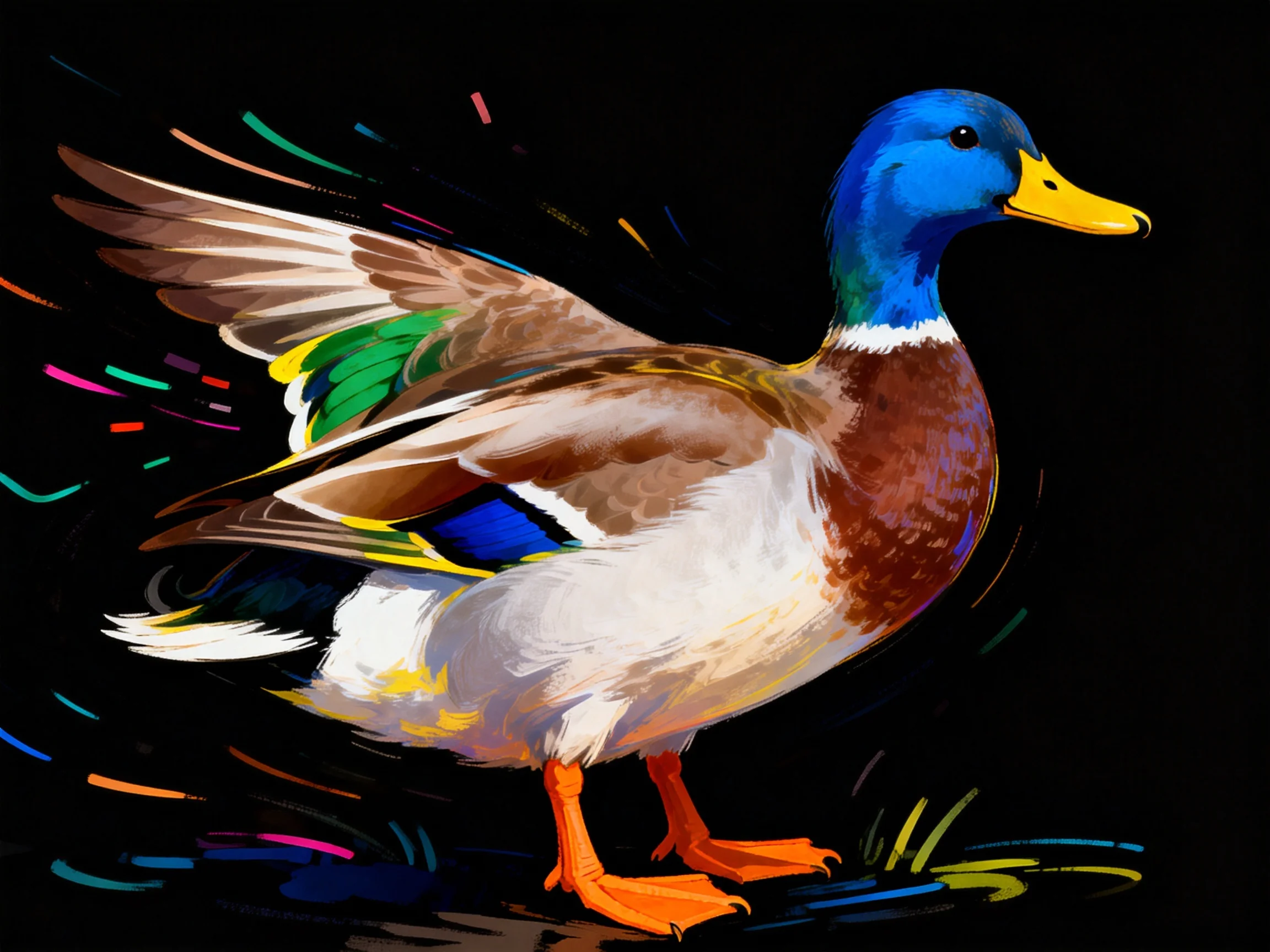 A vibrantly colored mallard duck with dynamic wingdetails