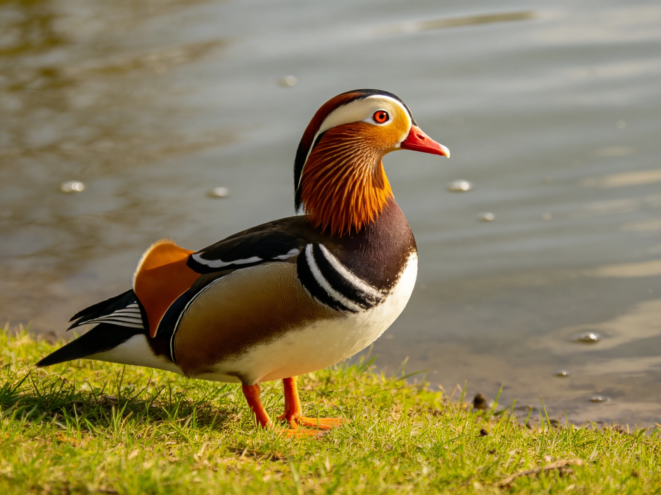 A vibrantly colored mandarin duck by calm waters