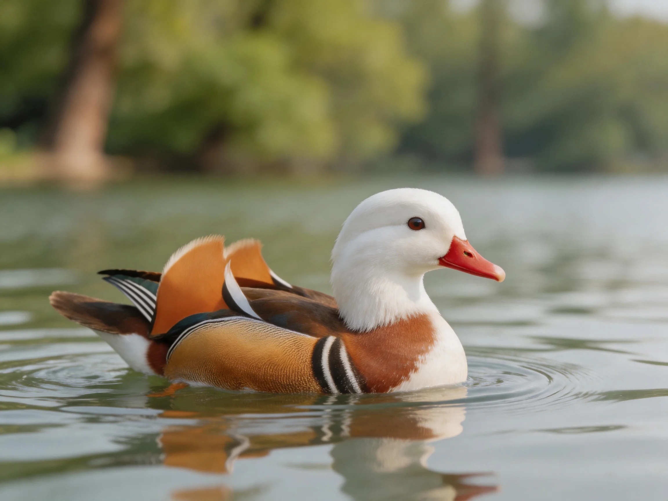 A vibrantly colored mandarin duck gliding on calm water