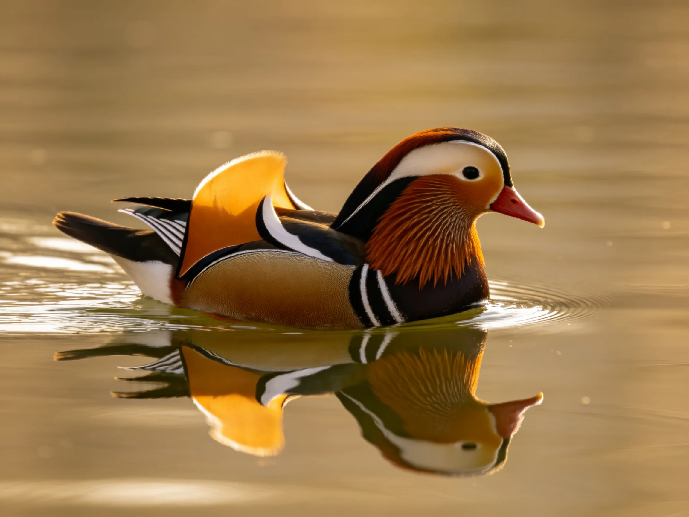 A vibrantly colored mandarin duck gliding on calm water