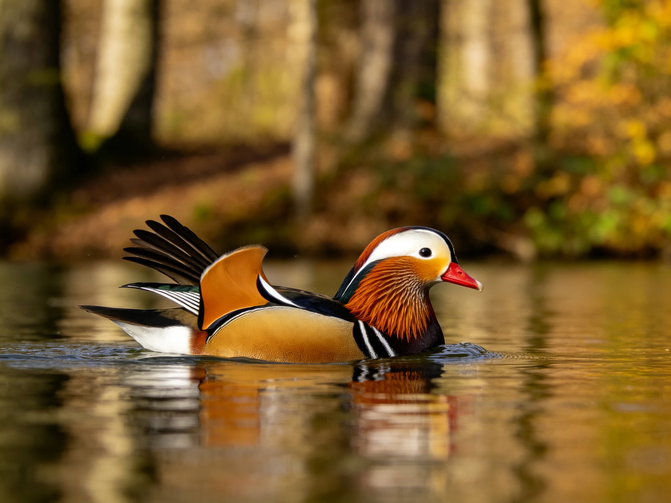 A vibrantly colored mandarin duck gliding through calm waters