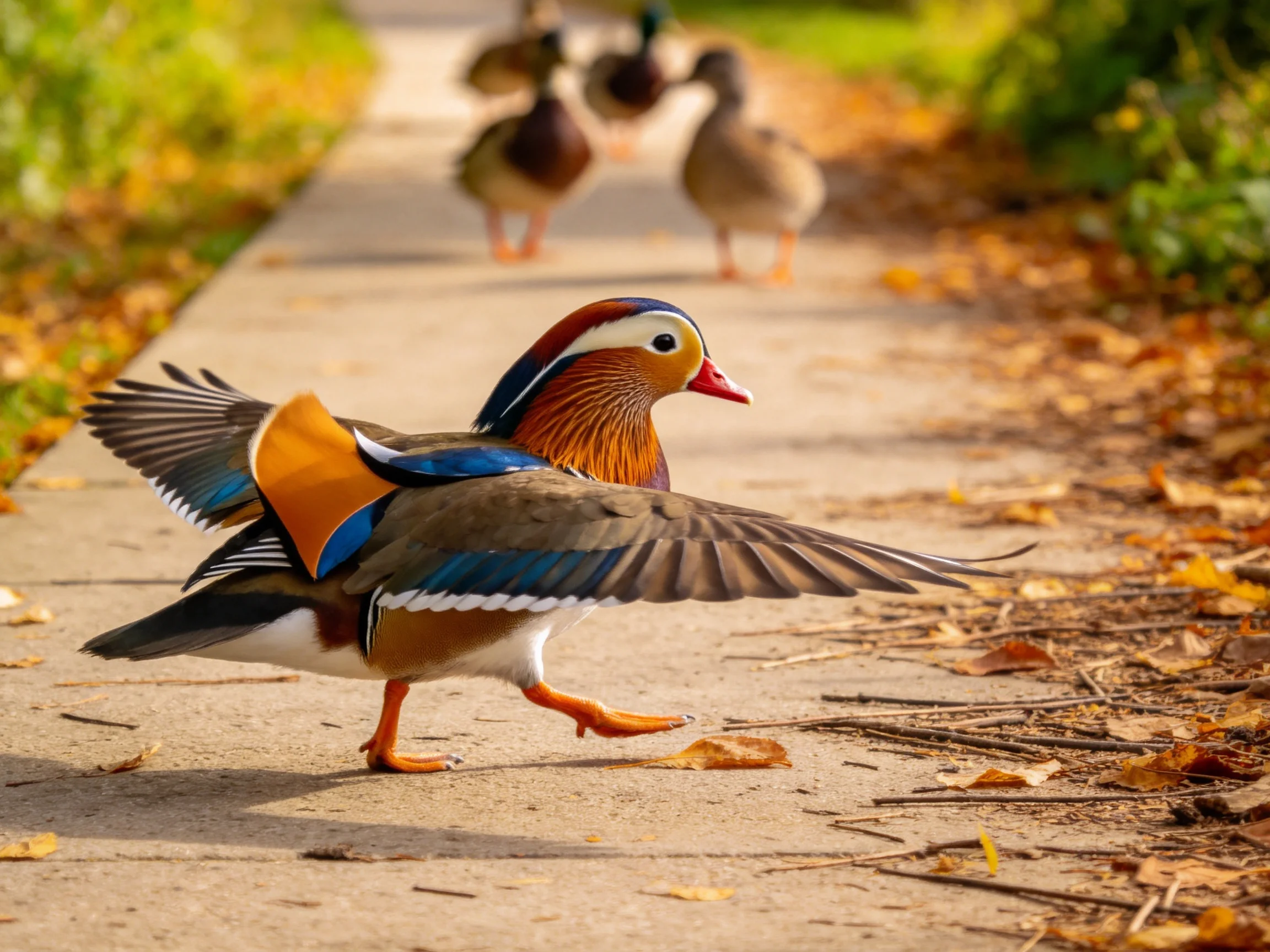 A vibrantly colored mandarin duck leads a group of ducks on a leaf-strewn path