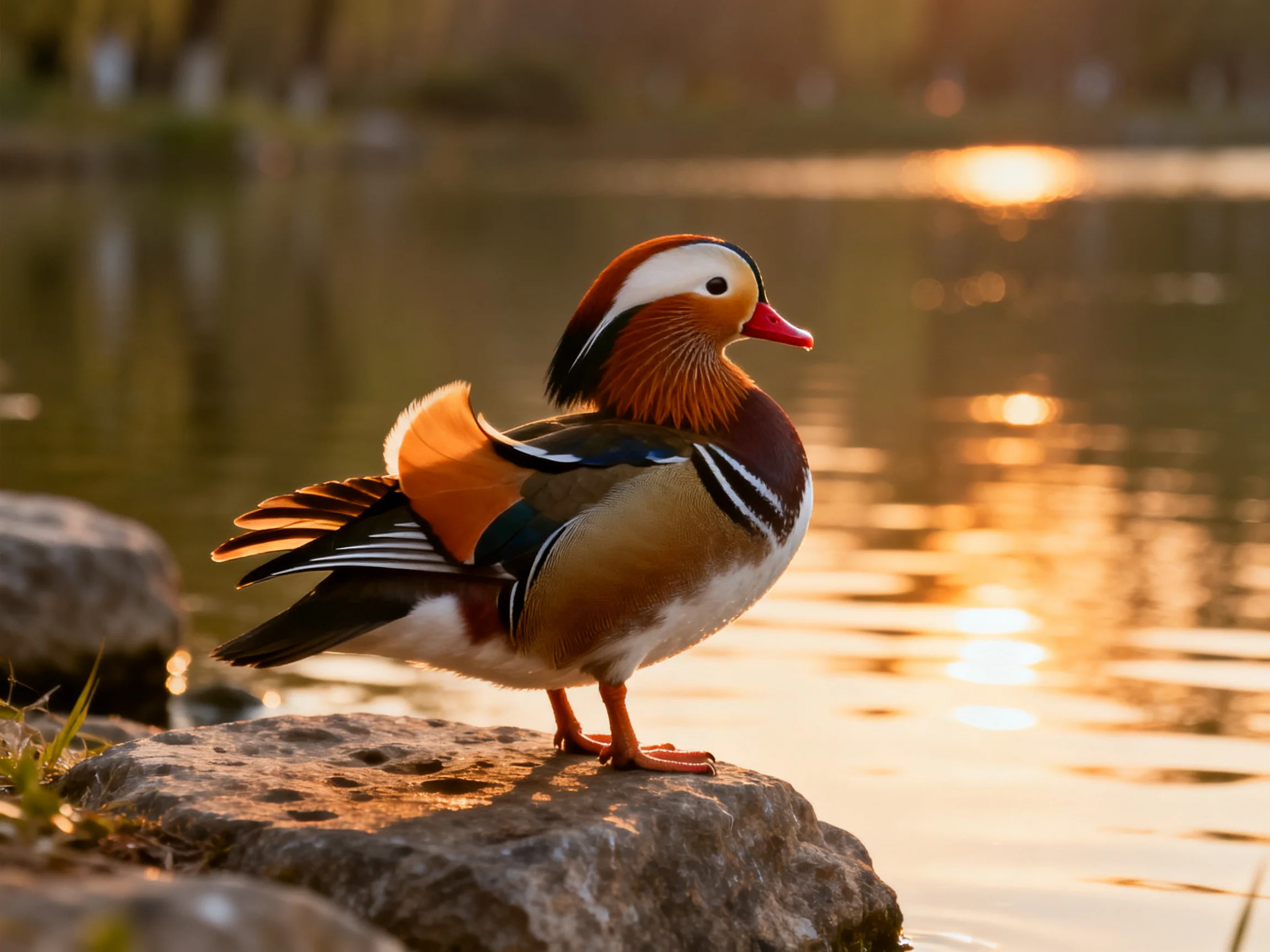 A vibrantly colored mandarin duck perched by a sunlit pond