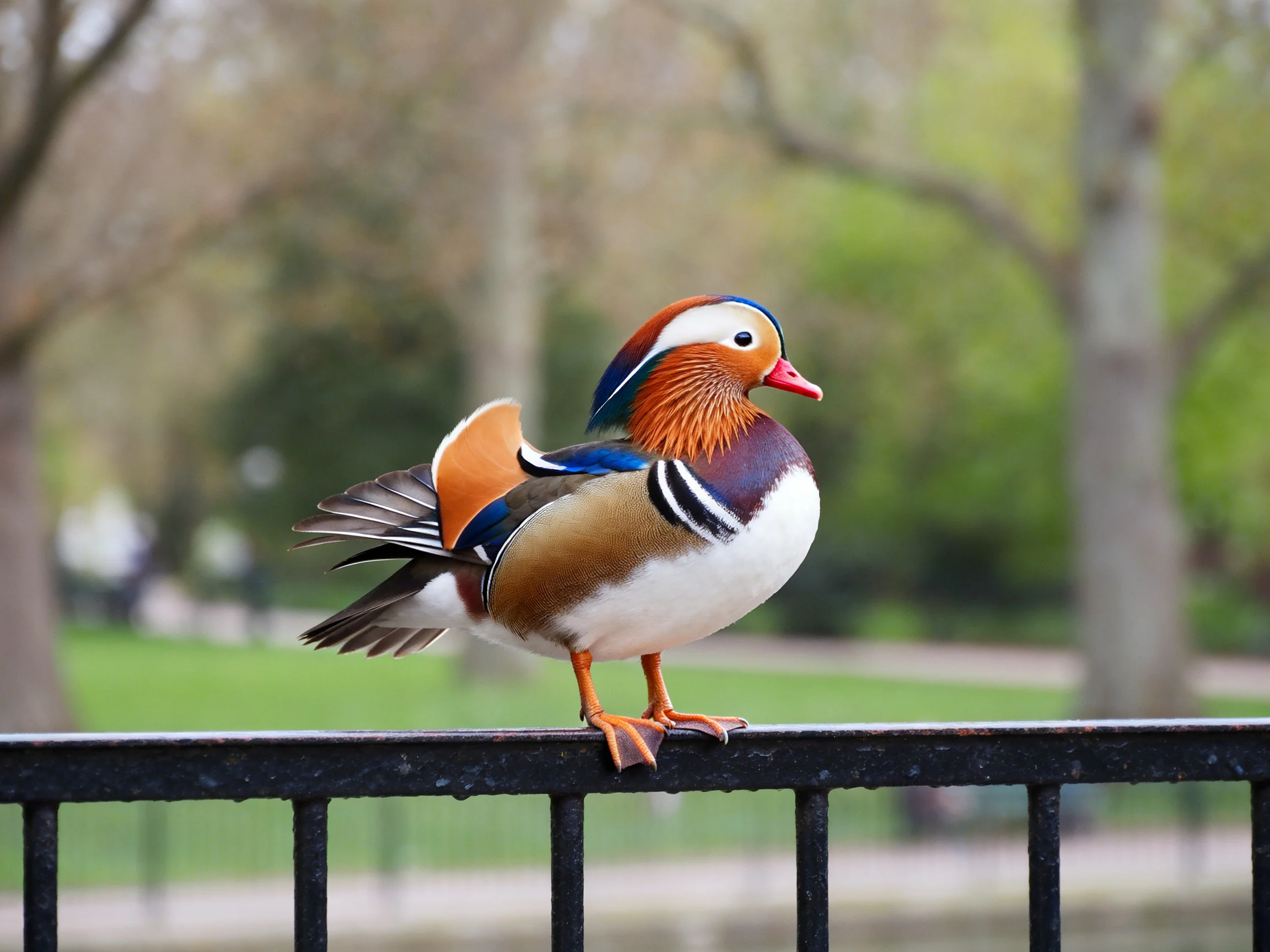 A vibrantly colored mandarin duck perched on a black metal fence