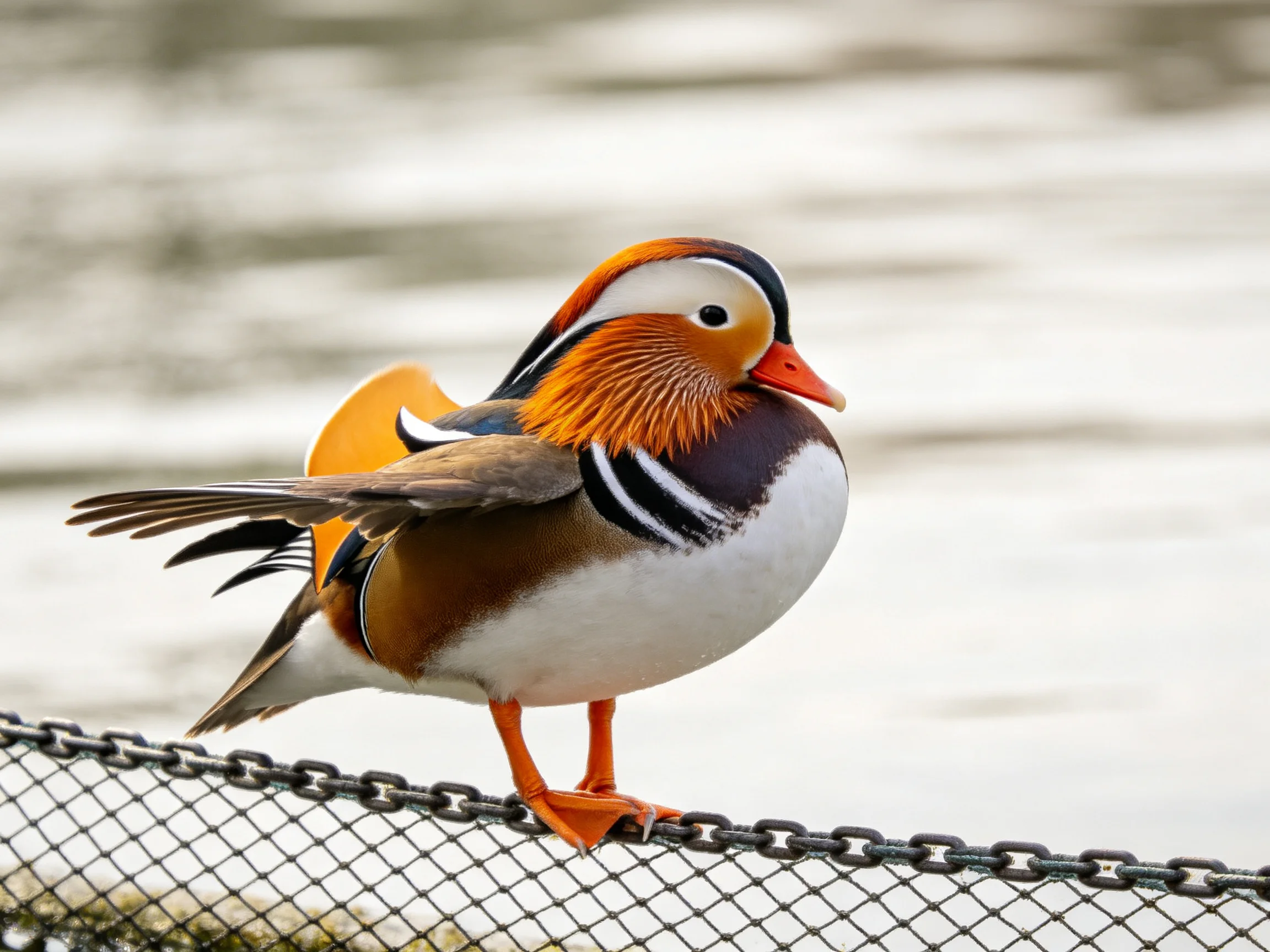 A vibrantly colored mandarin duck perched on a metal fence