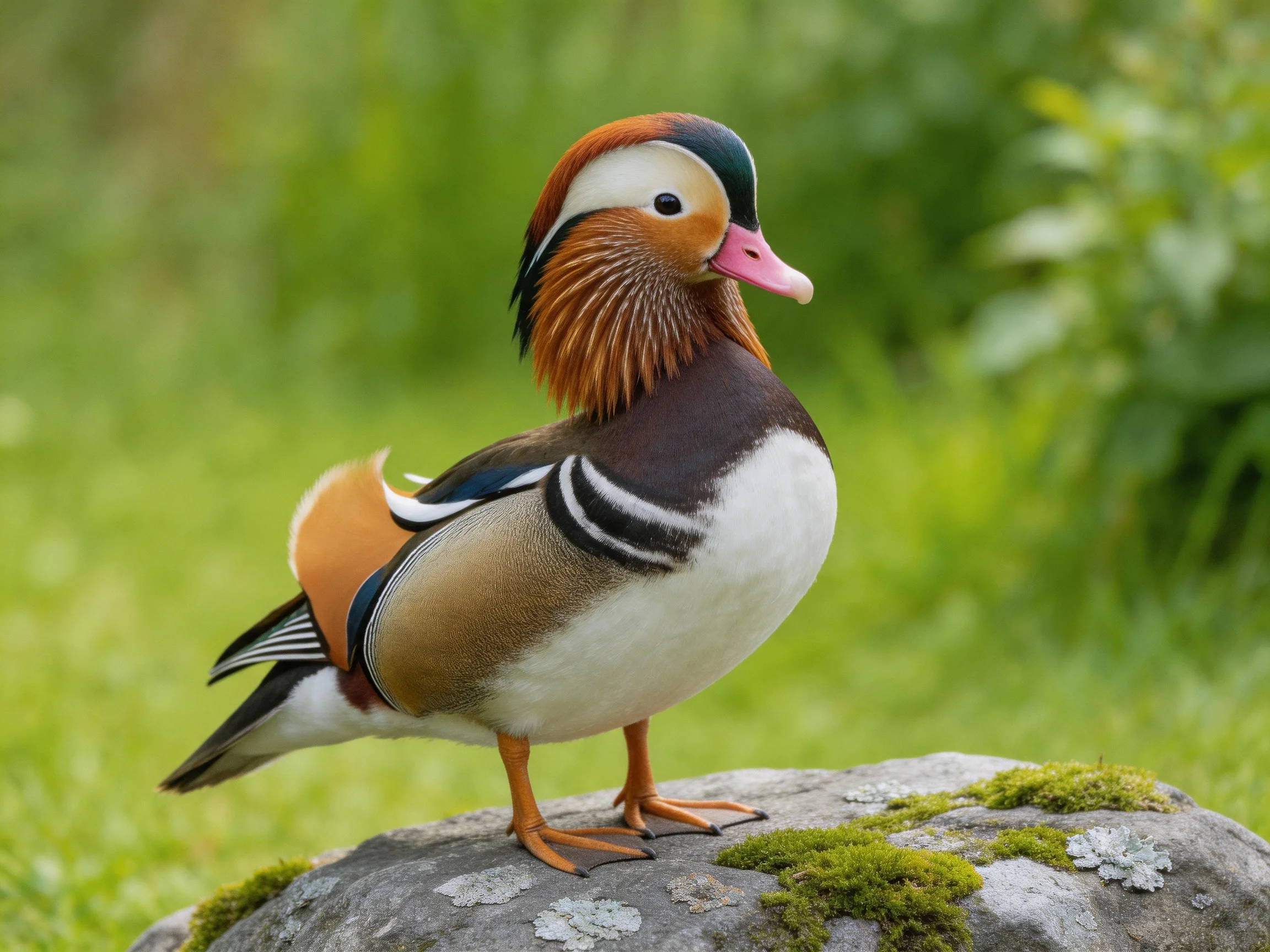 A vibrantly colored mandarin duck perched on a moss-covered stone