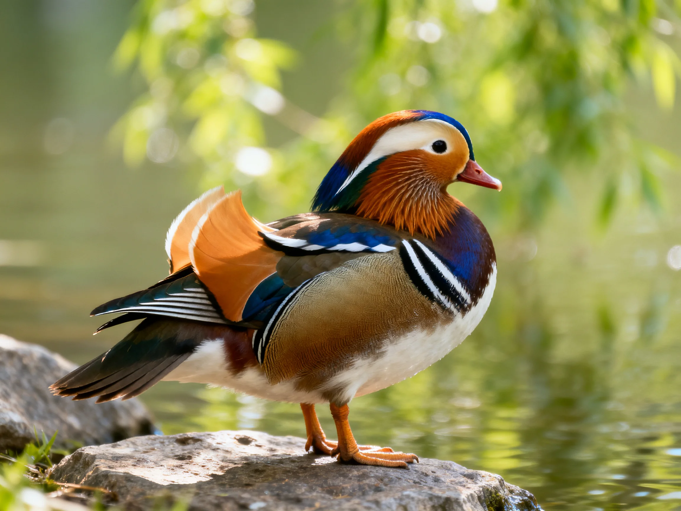 A vibrantly colored mandarin duck perched on a rock by calm water