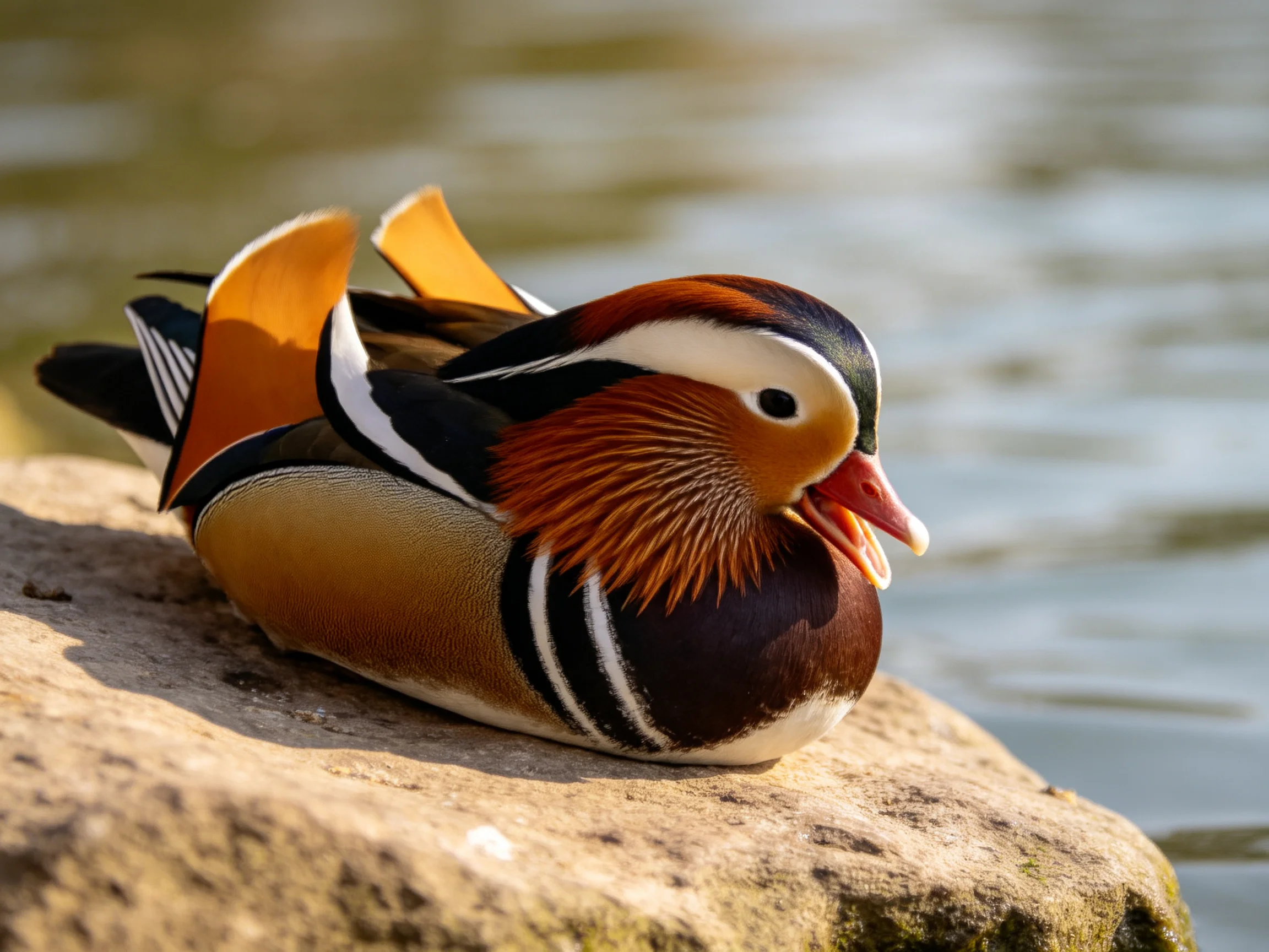 A vibrantly colored mandarin duck rests on a rocky ledge by calm water