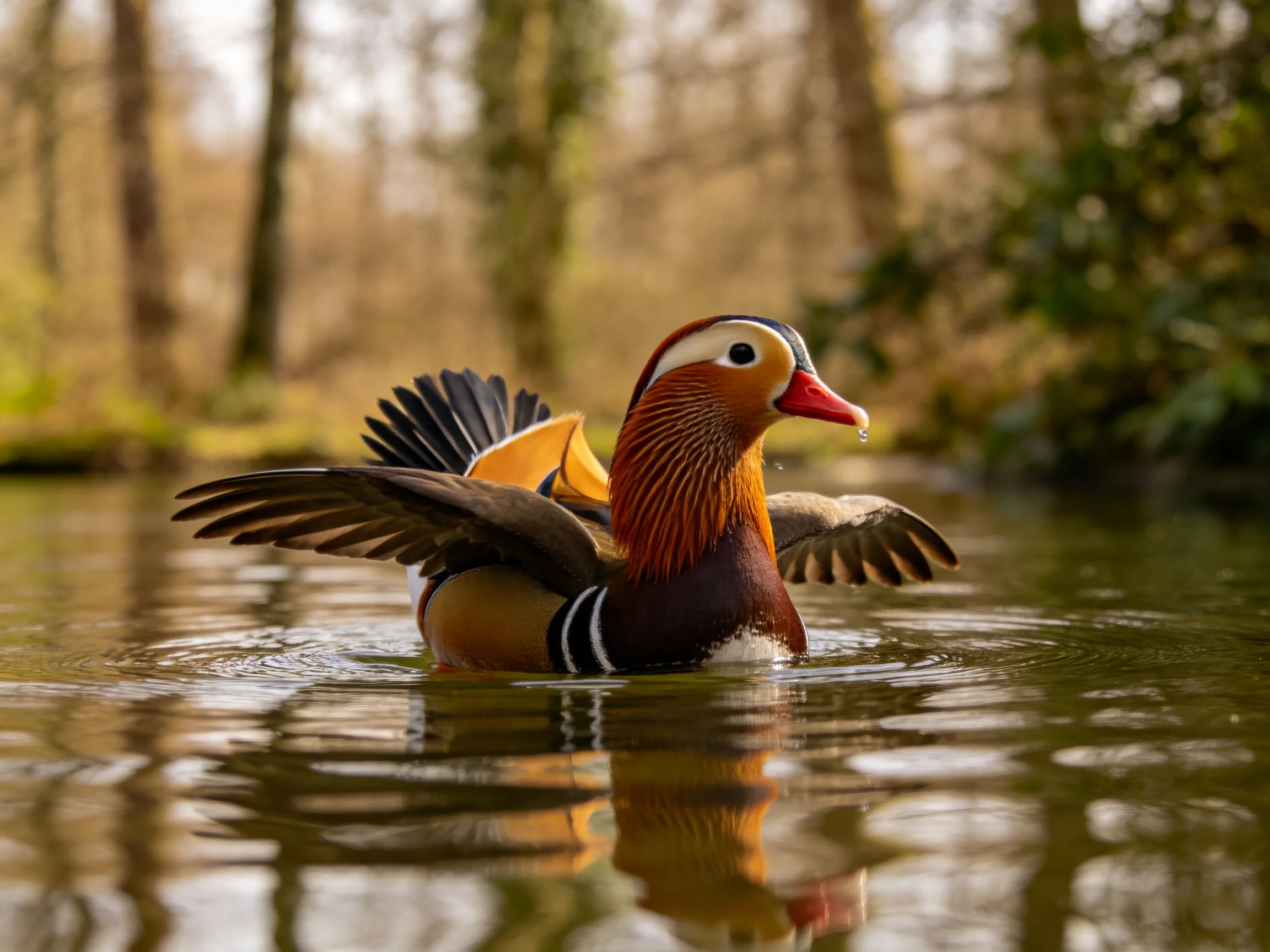 A vibrantly colored mandarin duck spreads wings in calm water