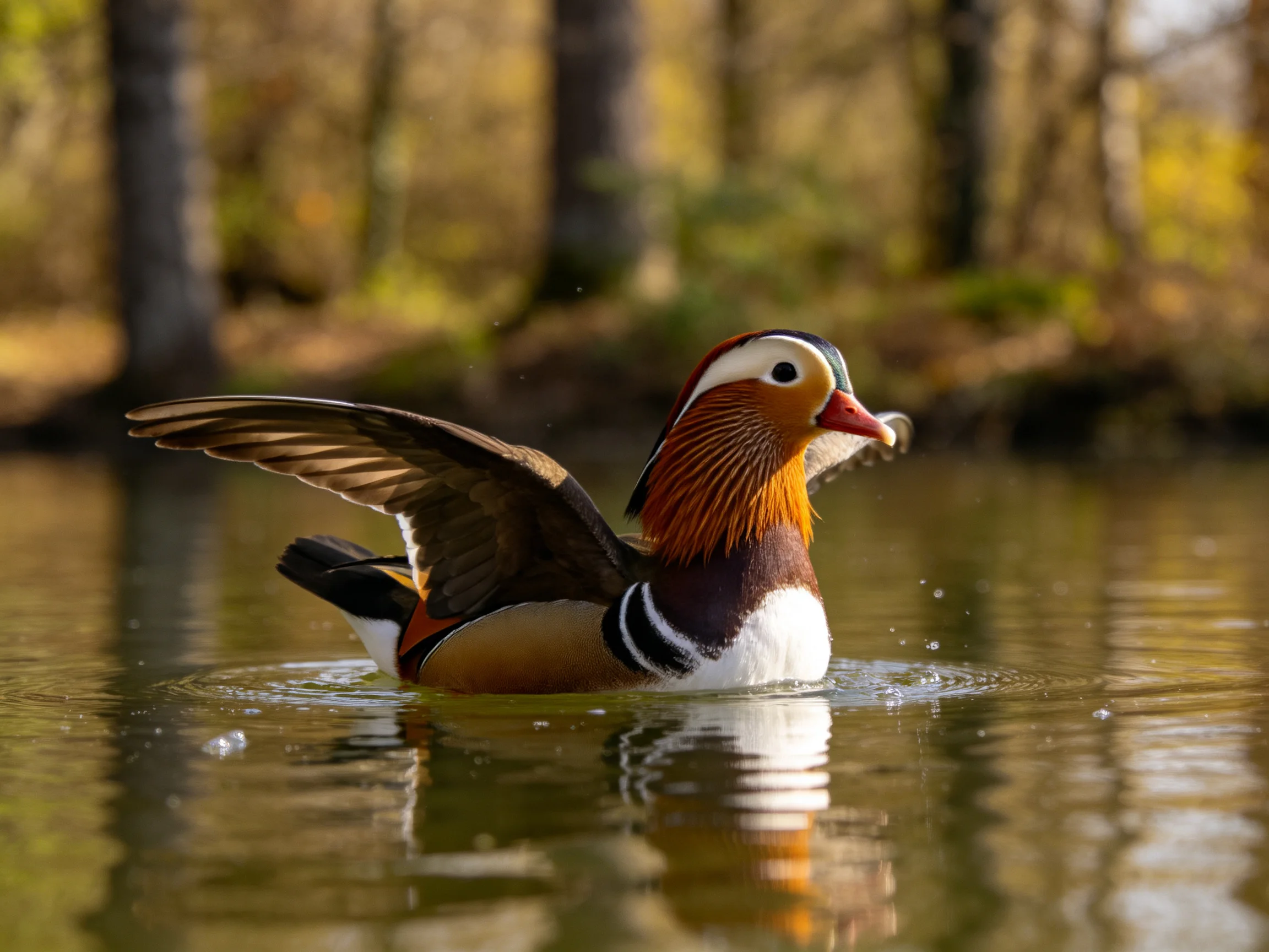 A vibrantly colored mandarin duck swimming in calm water near forested trees