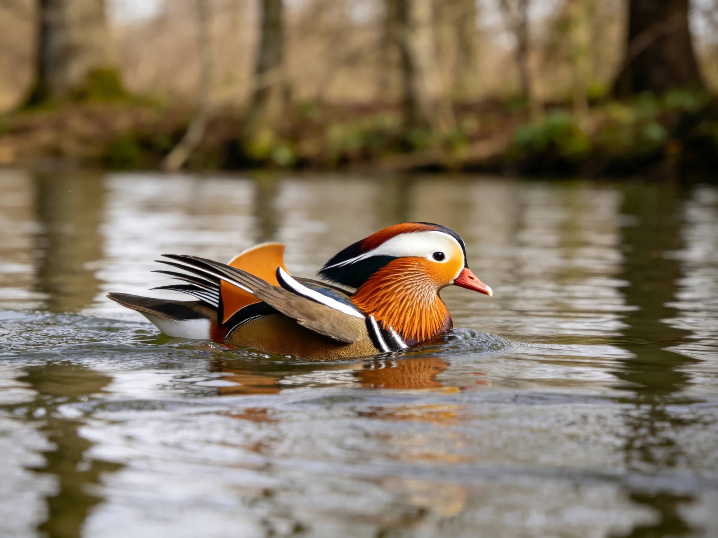 A vibrantly colored mandarin duck swimming in forest pond