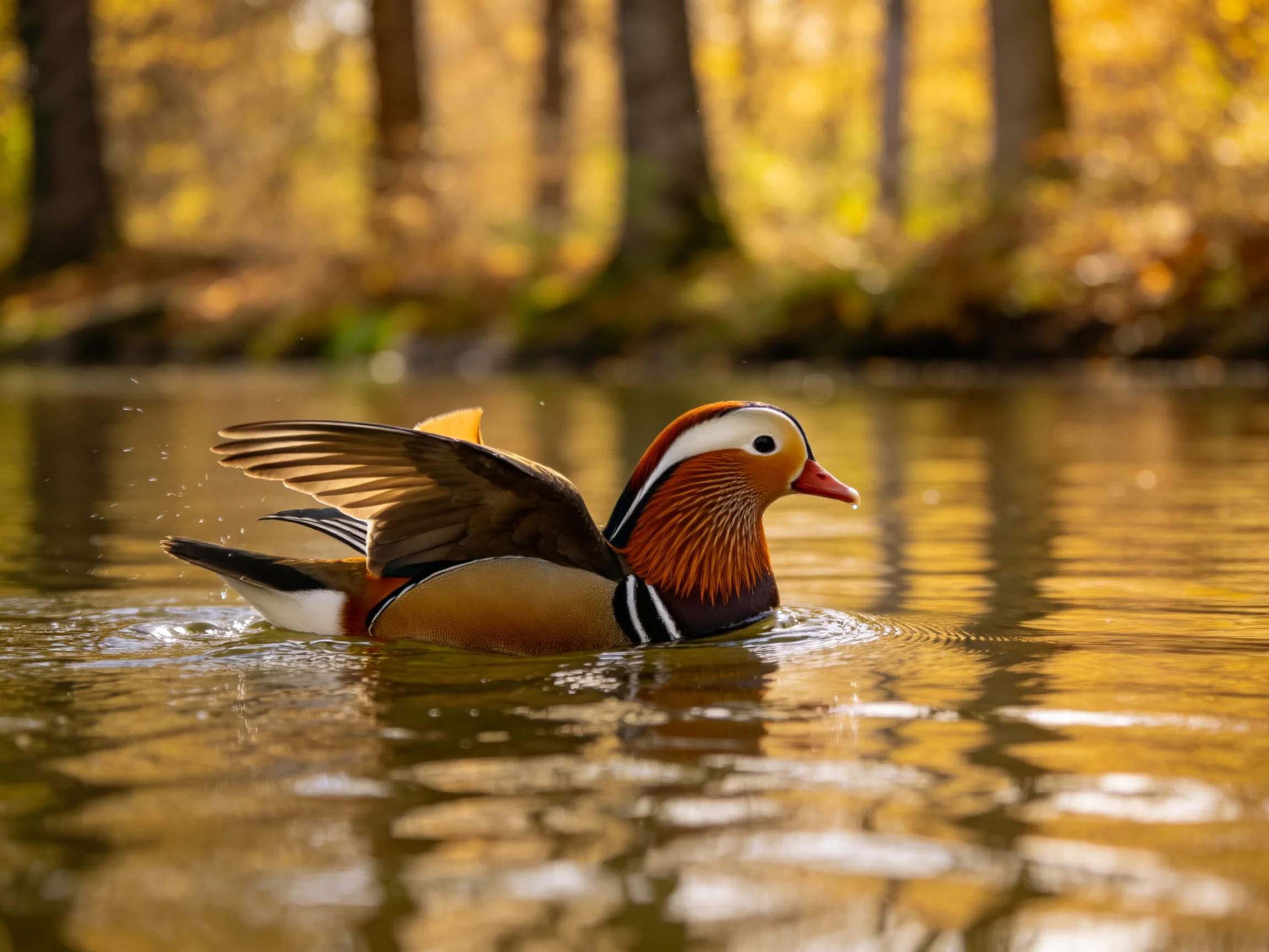 A vibrantly colored mandarin duck swimming in golden autumn forest waters
