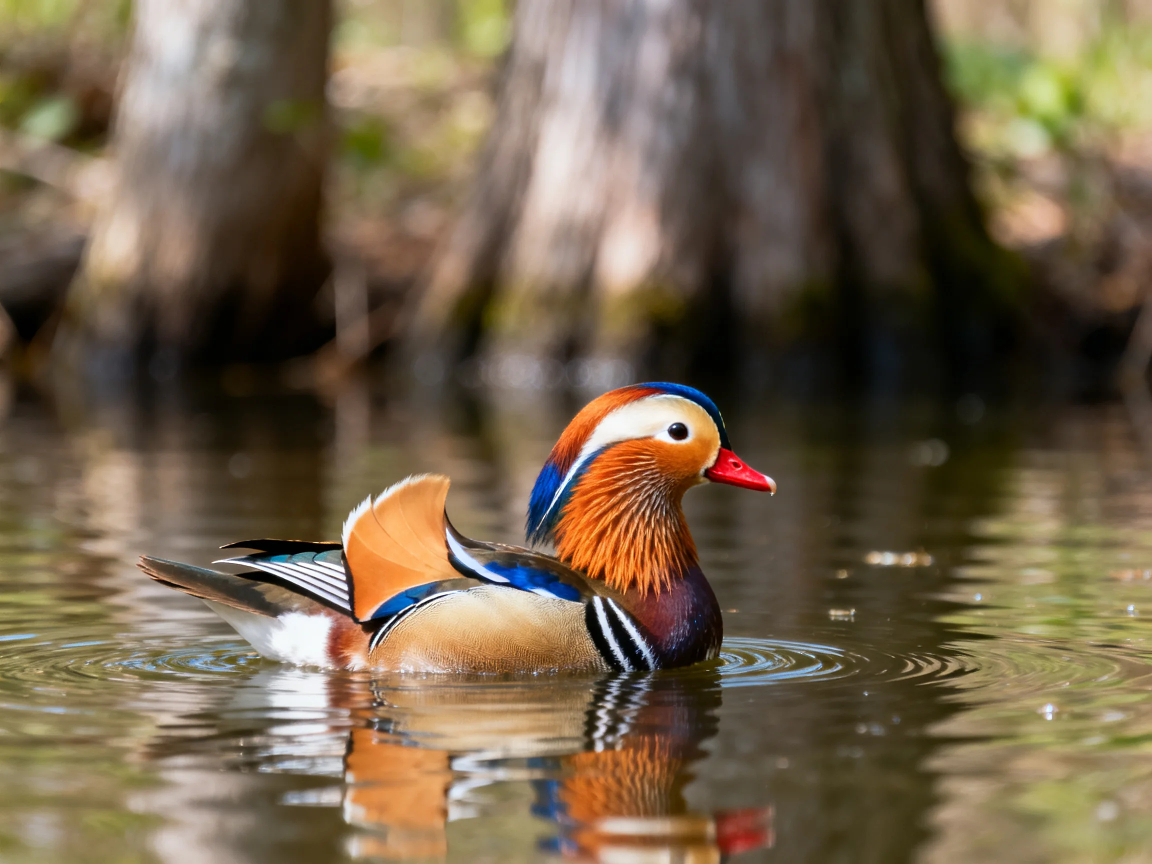 A vibrantly colored mandarin duck swims in calm water near tree trunks.
