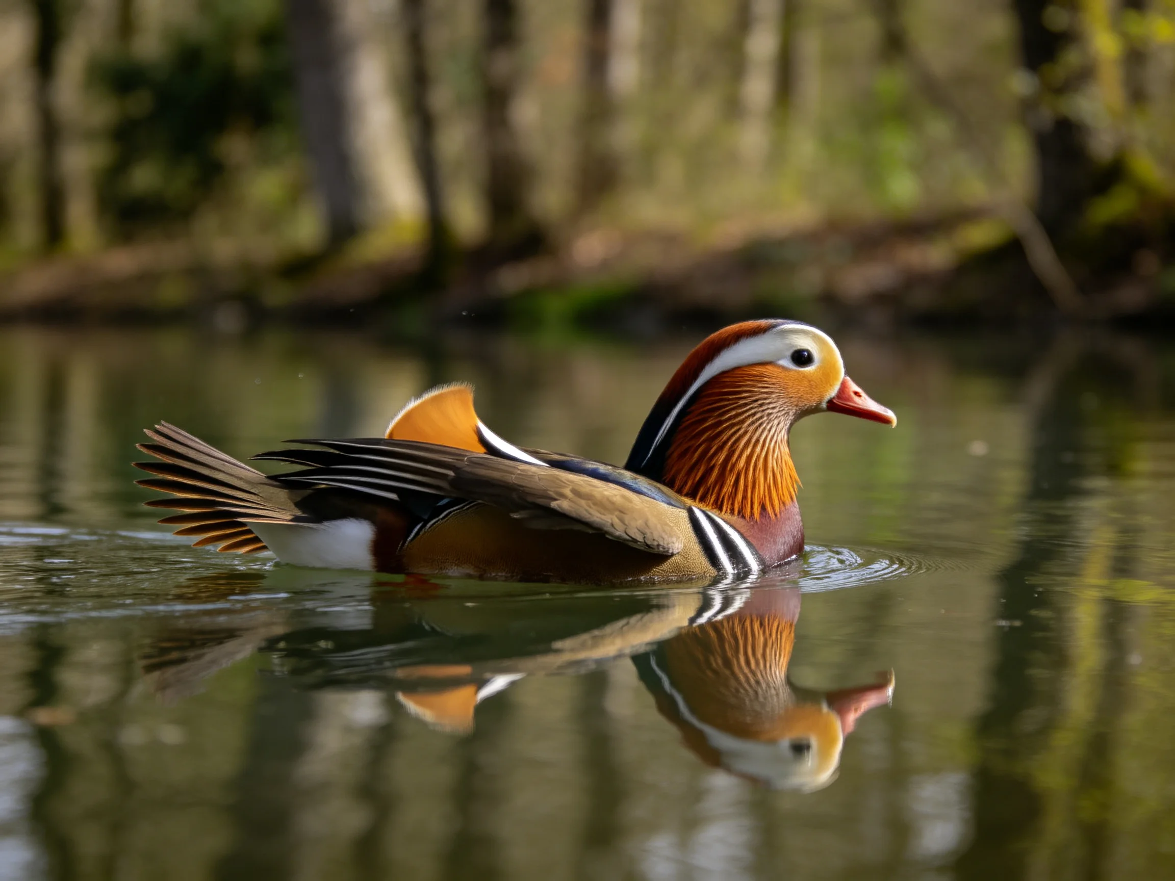 A vibrantly colored mandarin duck swims in calm water