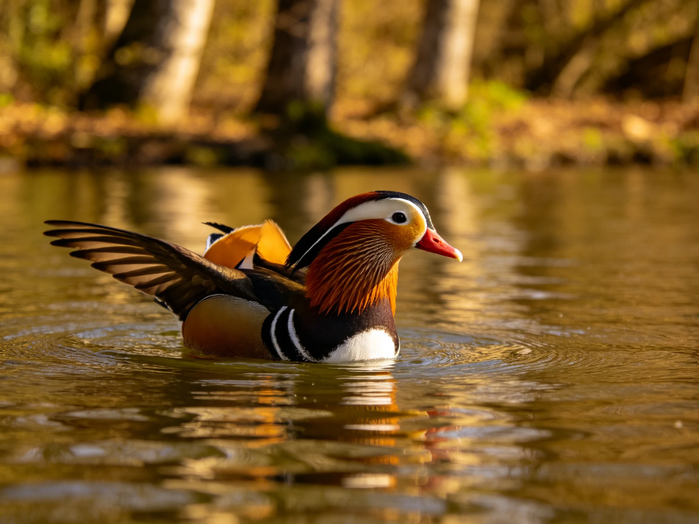 A vibrantly colored mandarin duck swims in reflective water near trees