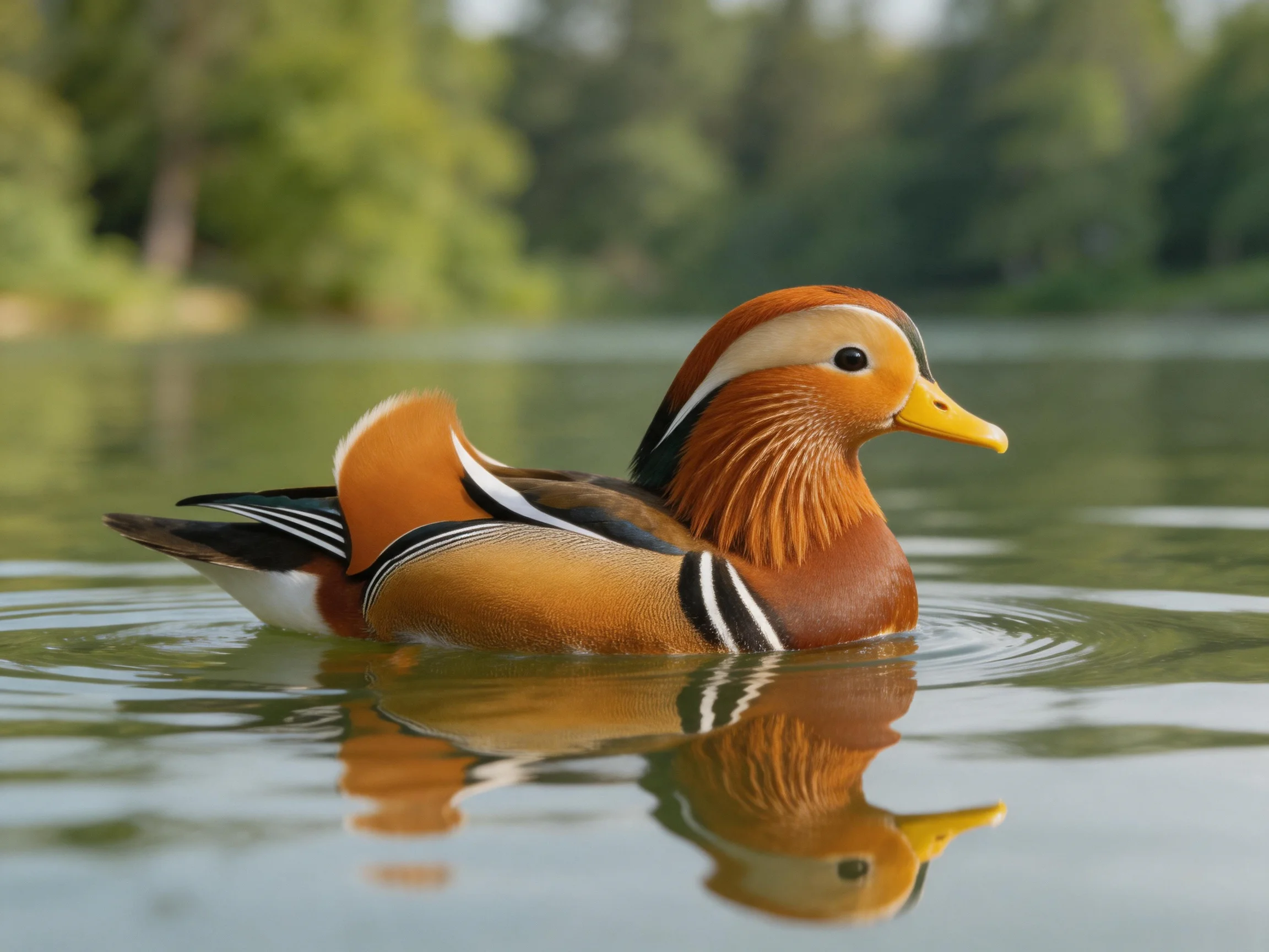 A vibrantly colored mandarin duck swims on tranquil water near lush trees.