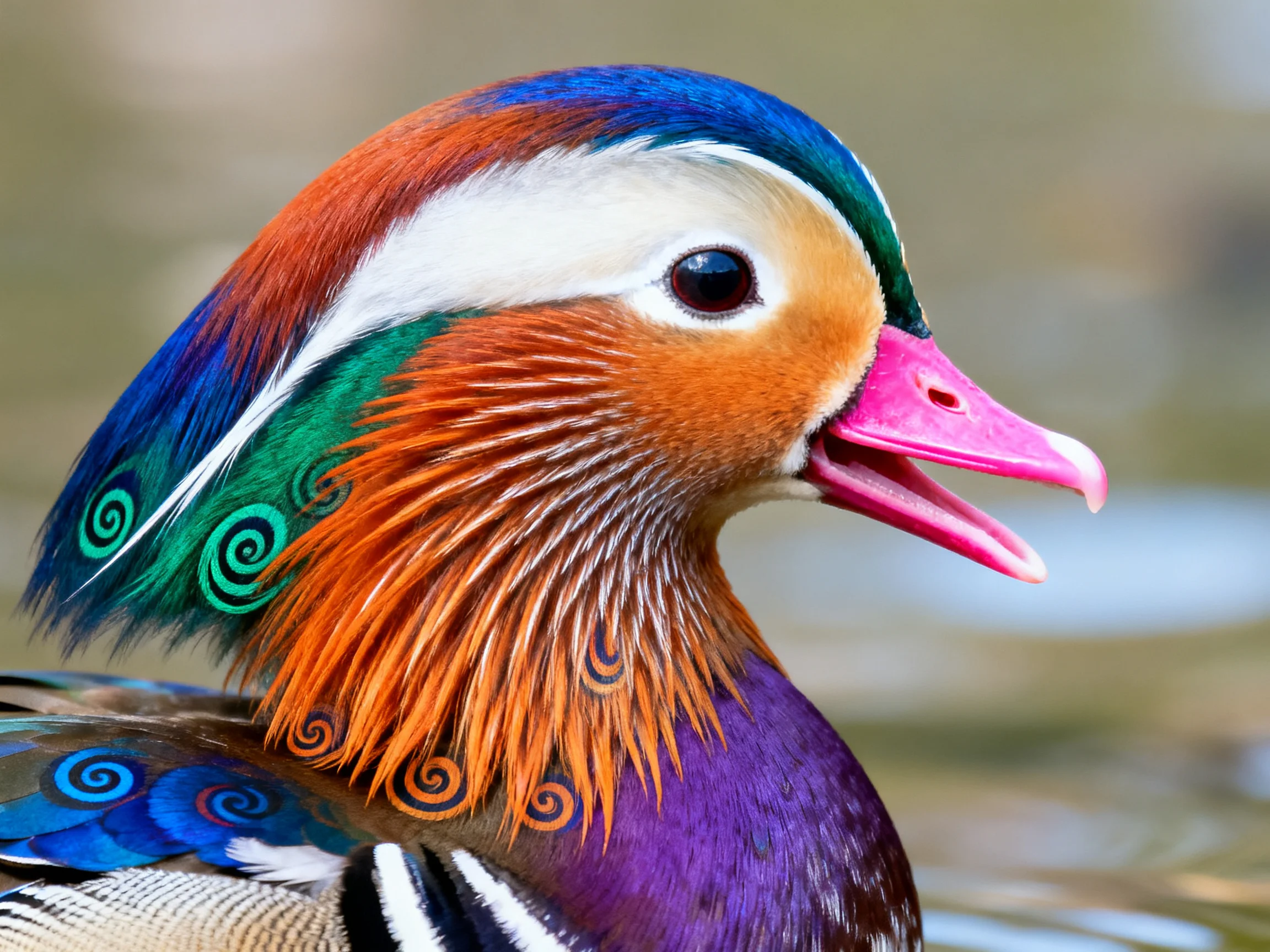A vibrantly colored mandarin duck with multicolored plumage