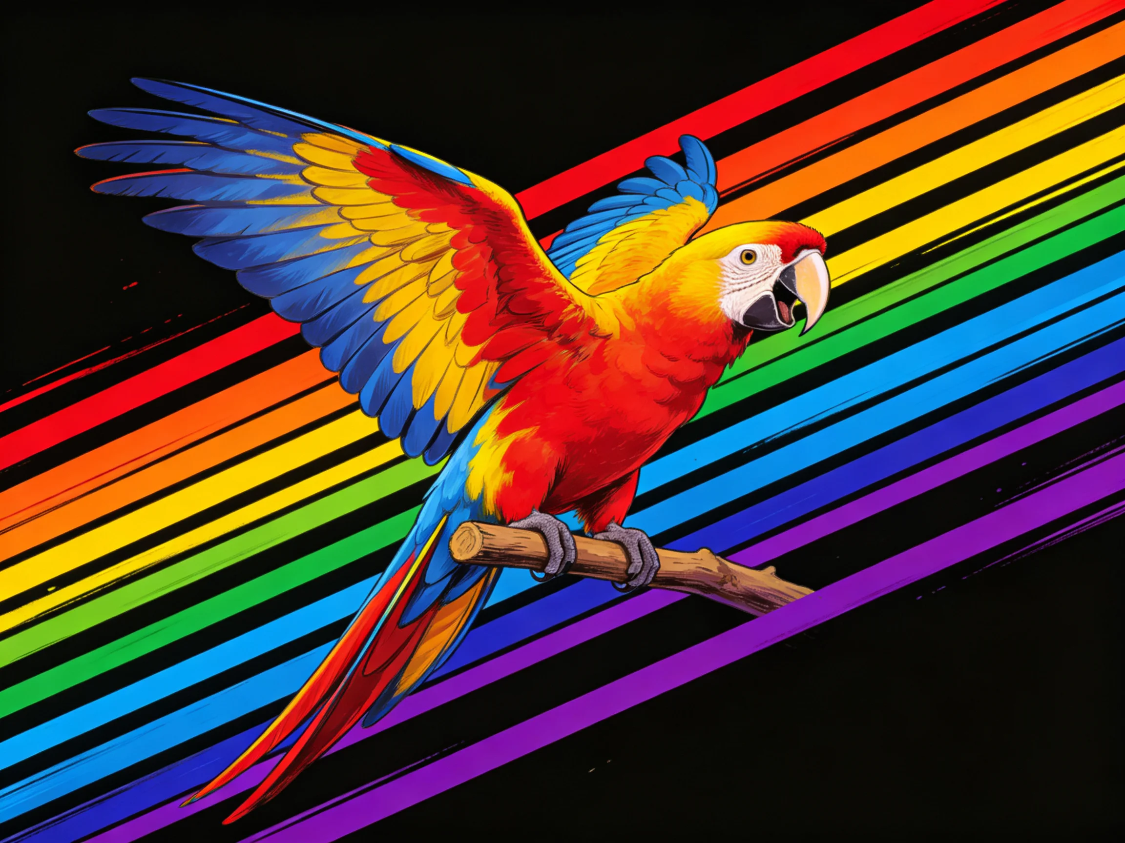 A vibrantly colored parrot perched on a branch with rainbow striped backdrop