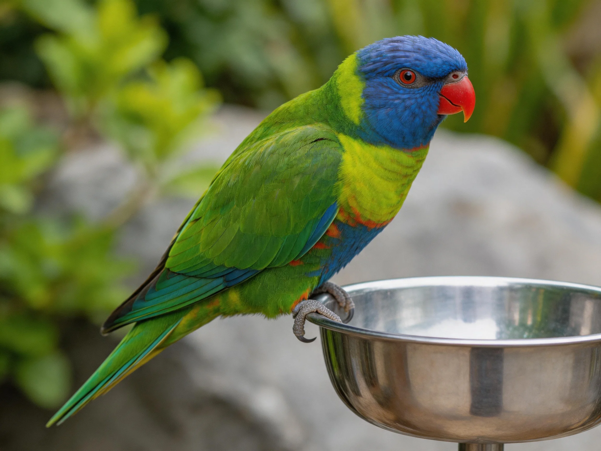 A vibrantly colored parrot perched on a stainless steel bowl outdoors