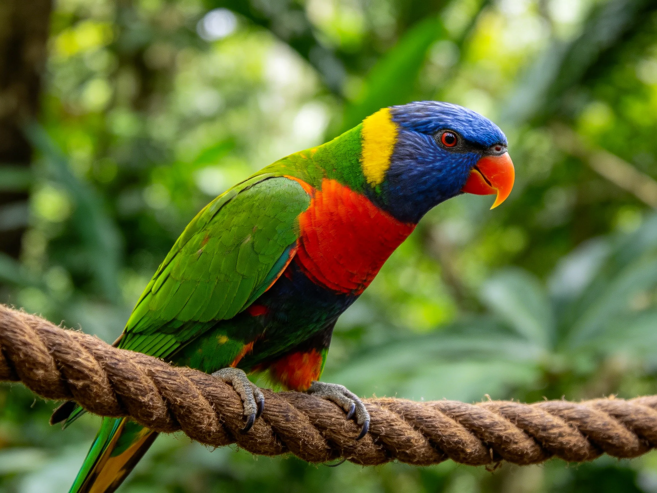 A vibrantly colored parrot perched on a thick rope amid lush greenery