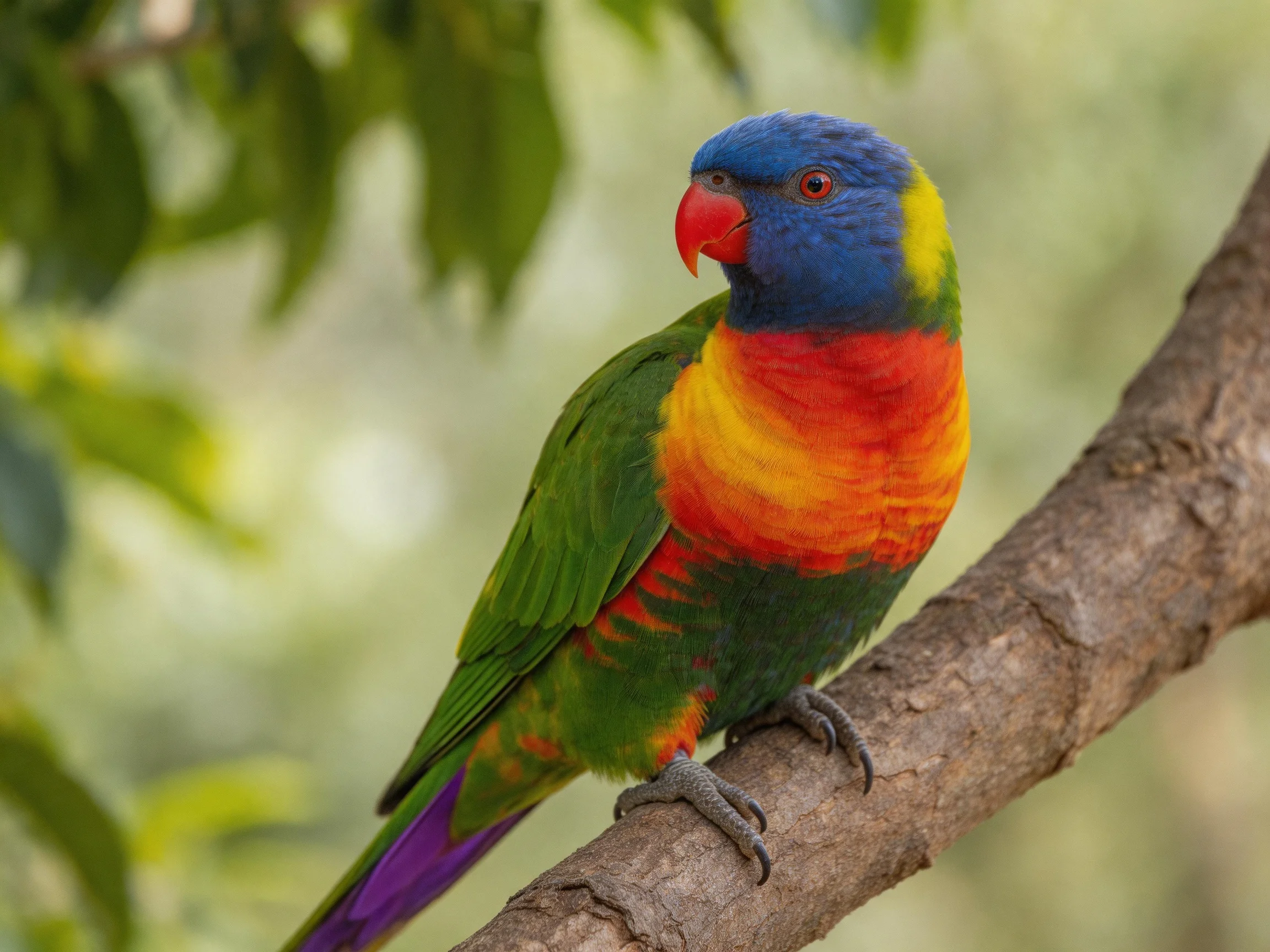 A vibrantly colored parrot perched on a tree branch