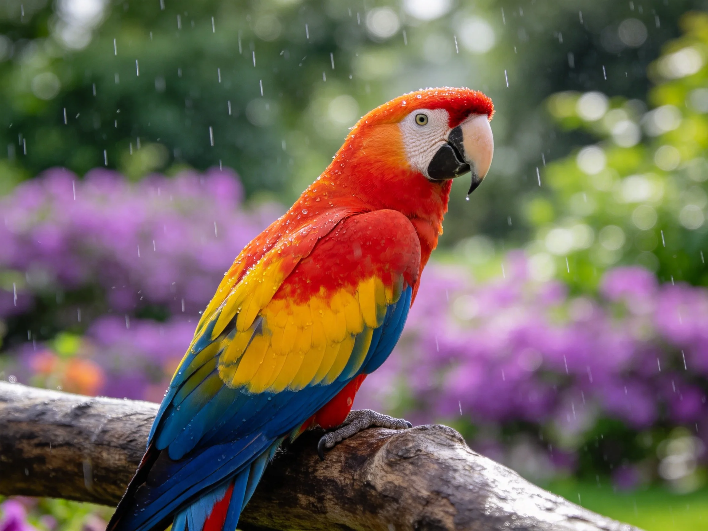 A vibrantly colored parrot perched on a wooden branch in falling rain