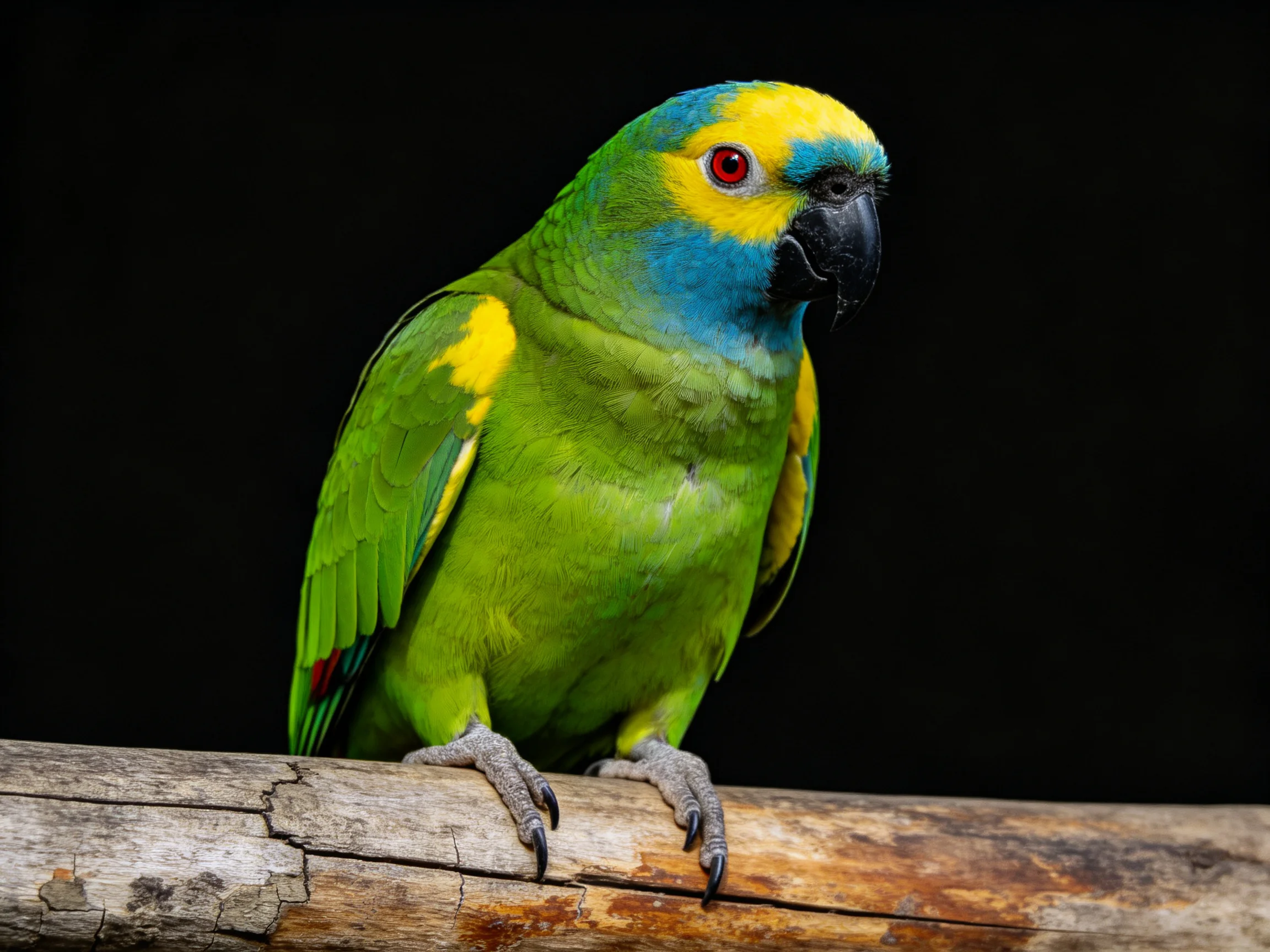 A vibrantly colored parrot perched on a wooden branch