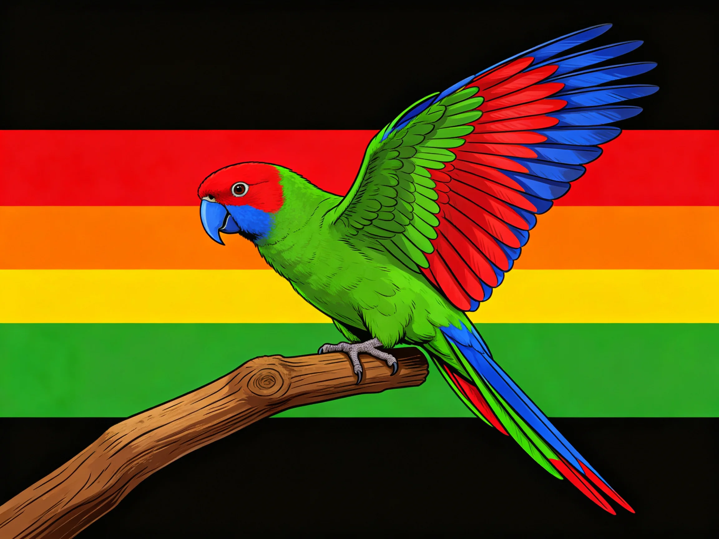 A vibrantly colored parrot perches on a wooden branch
