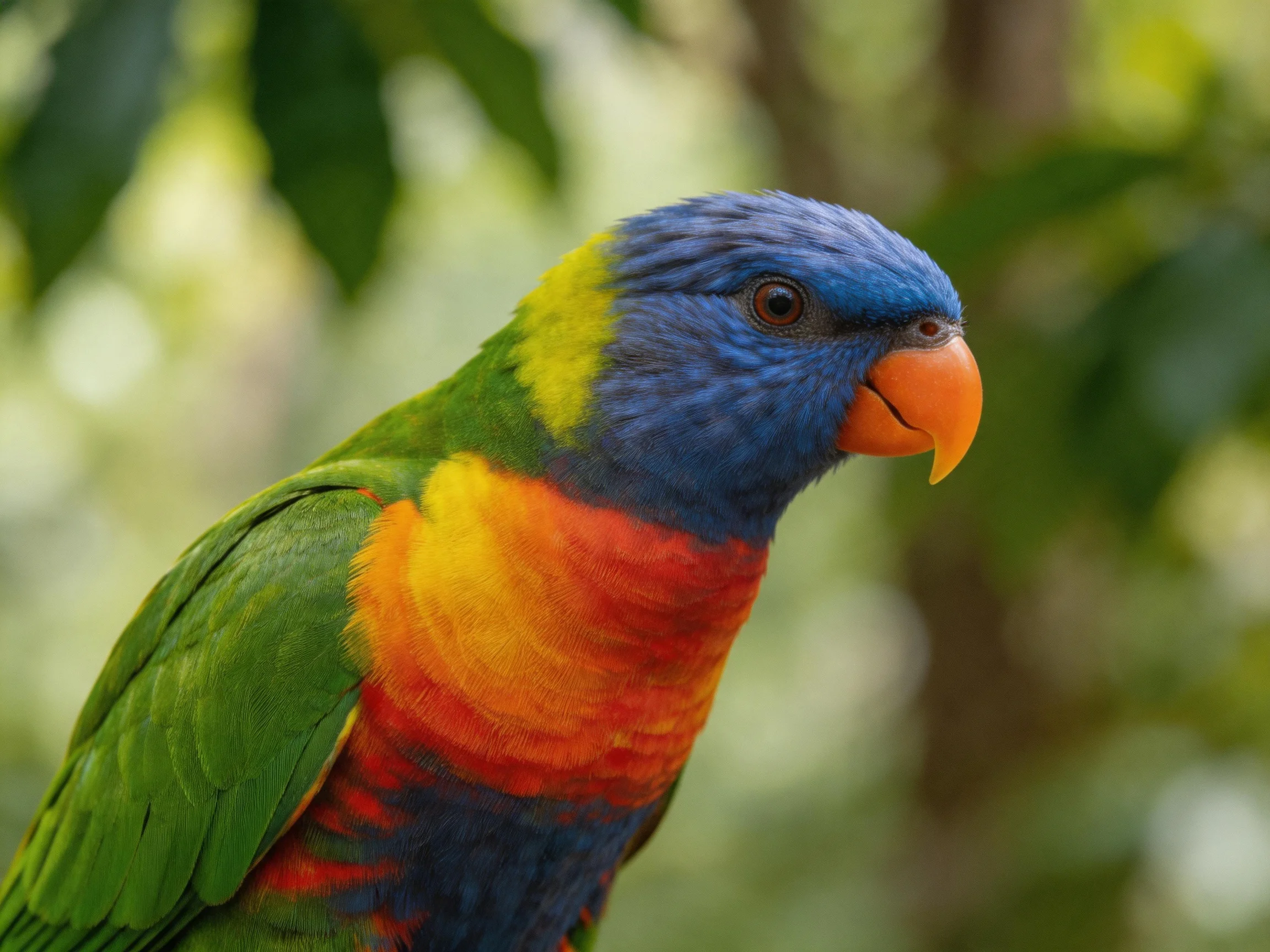 A vibrantly colored parrot with multi - hued plumage